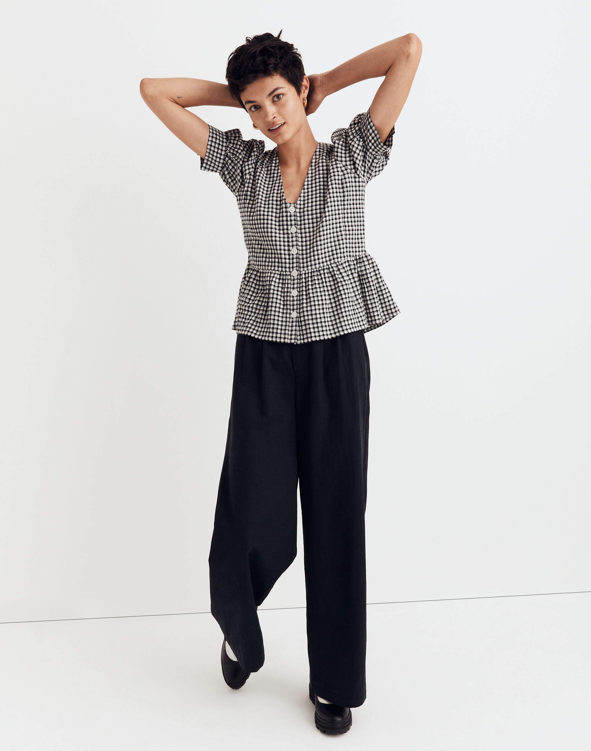 Brushed Gauze Puff-Sleeve Peplum Top Gingham Check | Madewell