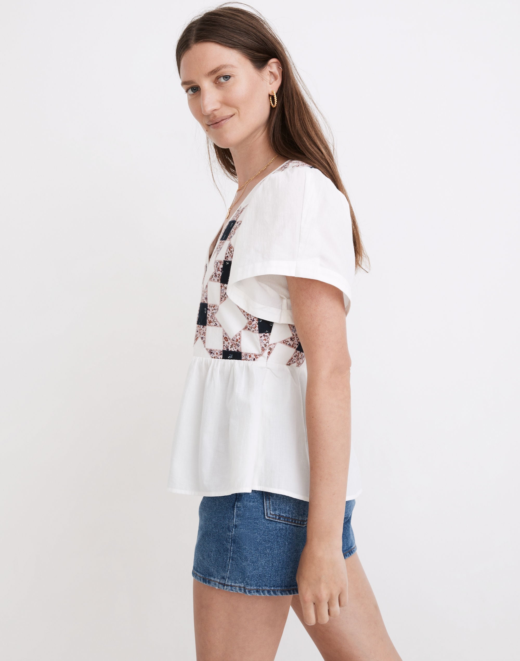 Flutter-Sleeve Peplum Top in Patchwork Quilt | Madewell