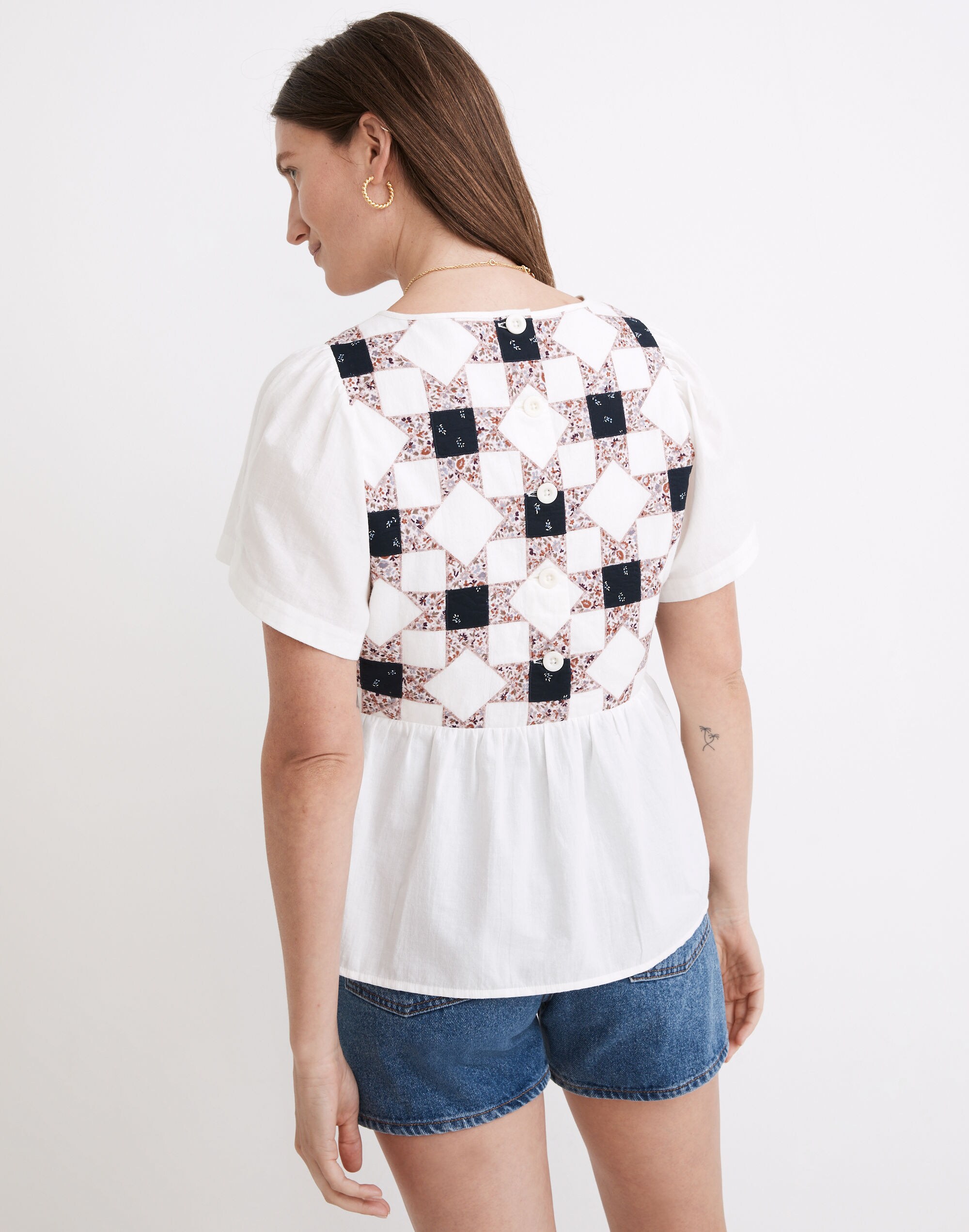 Flutter-Sleeve Peplum Top in Patchwork Quilt | Madewell