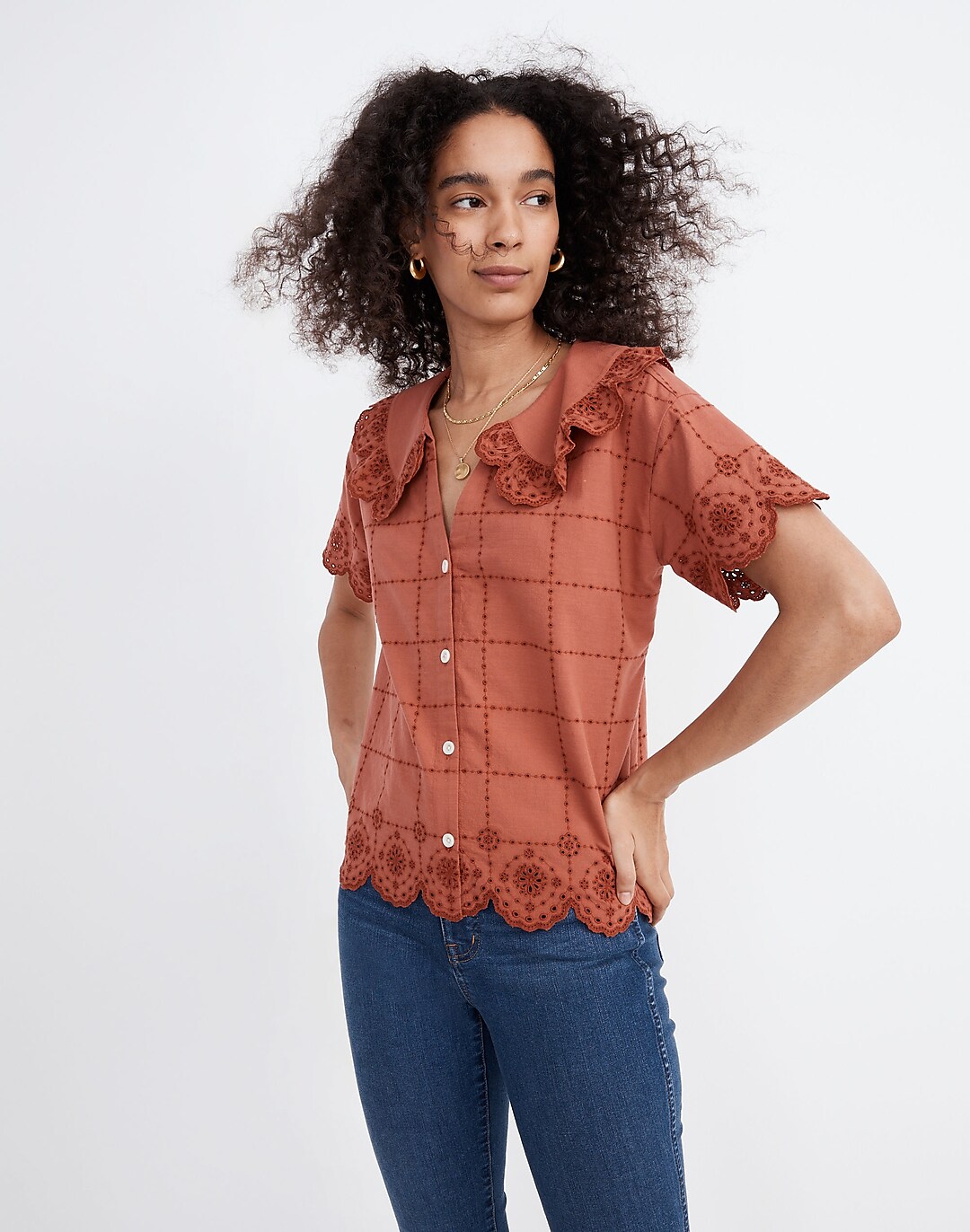Embroidered Eyelet Collared Shirt