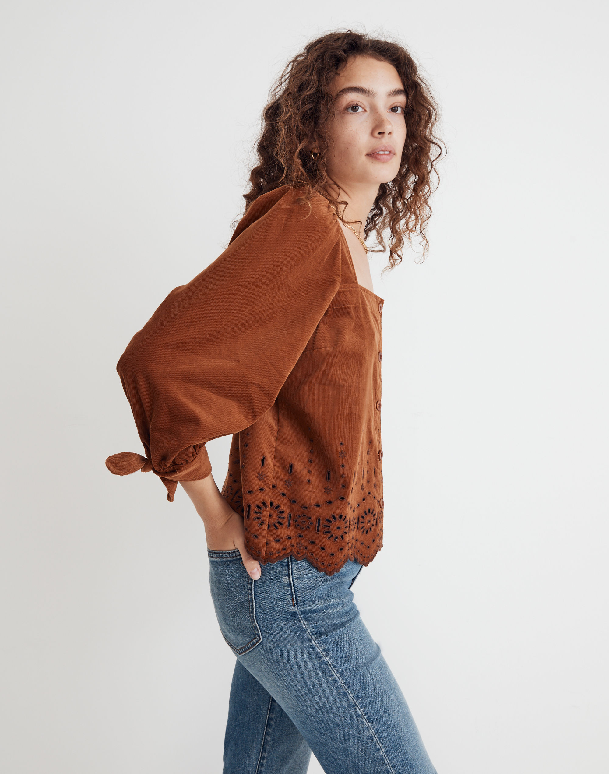 Embroidered Eyelet Corduroy Tie-Sleeve Top | Madewell