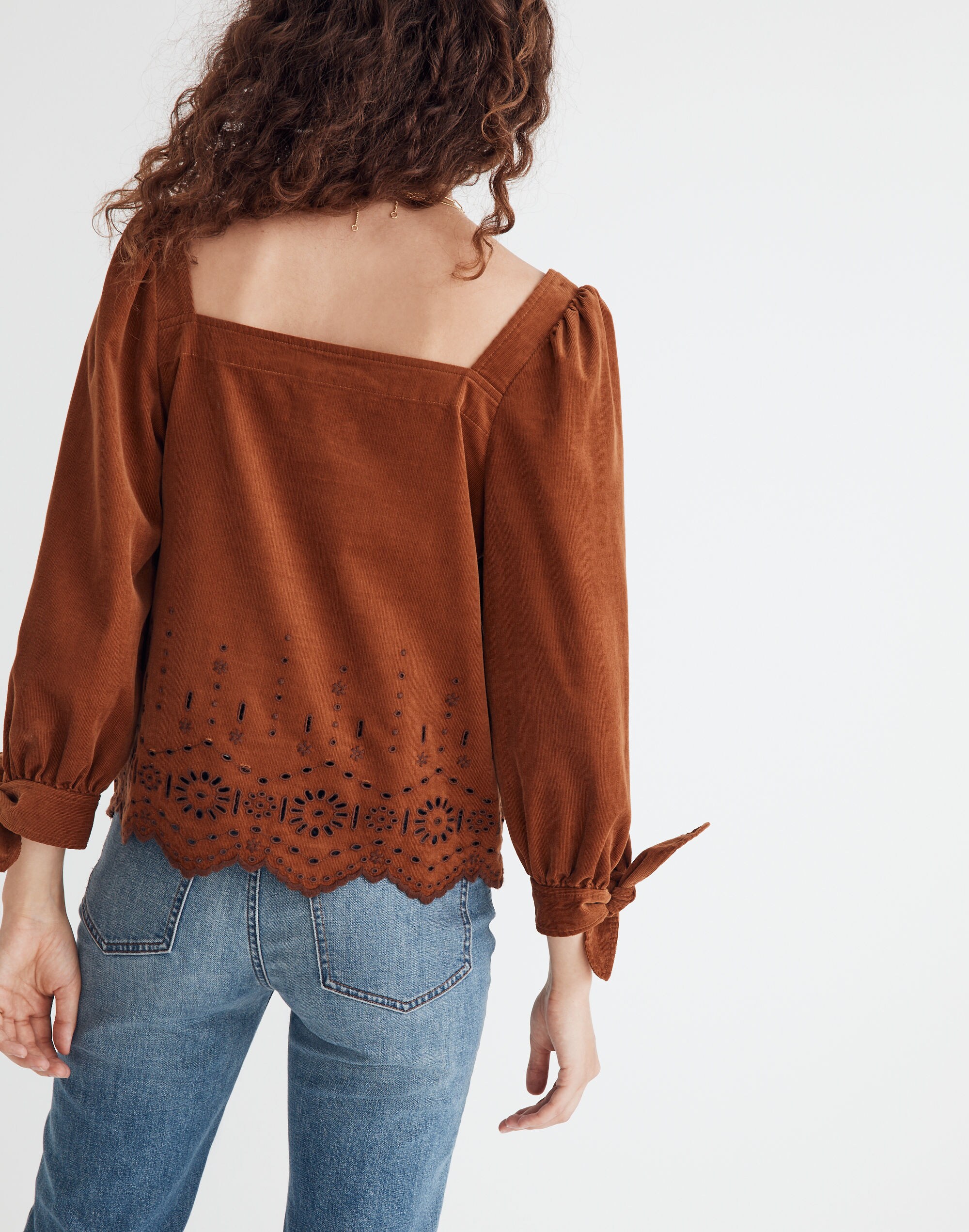 Embroidered Eyelet Corduroy Tie-Sleeve Top | Madewell