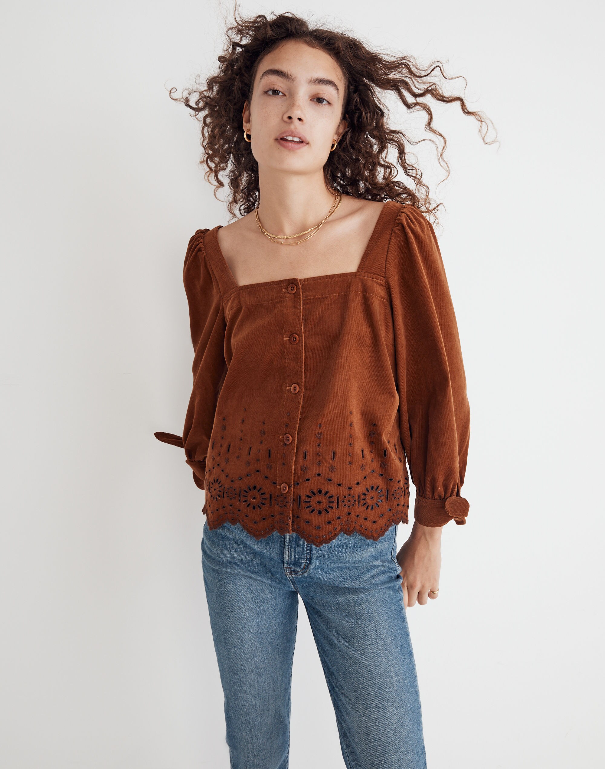 Embroidered Eyelet Corduroy Tie-Sleeve Top | Madewell