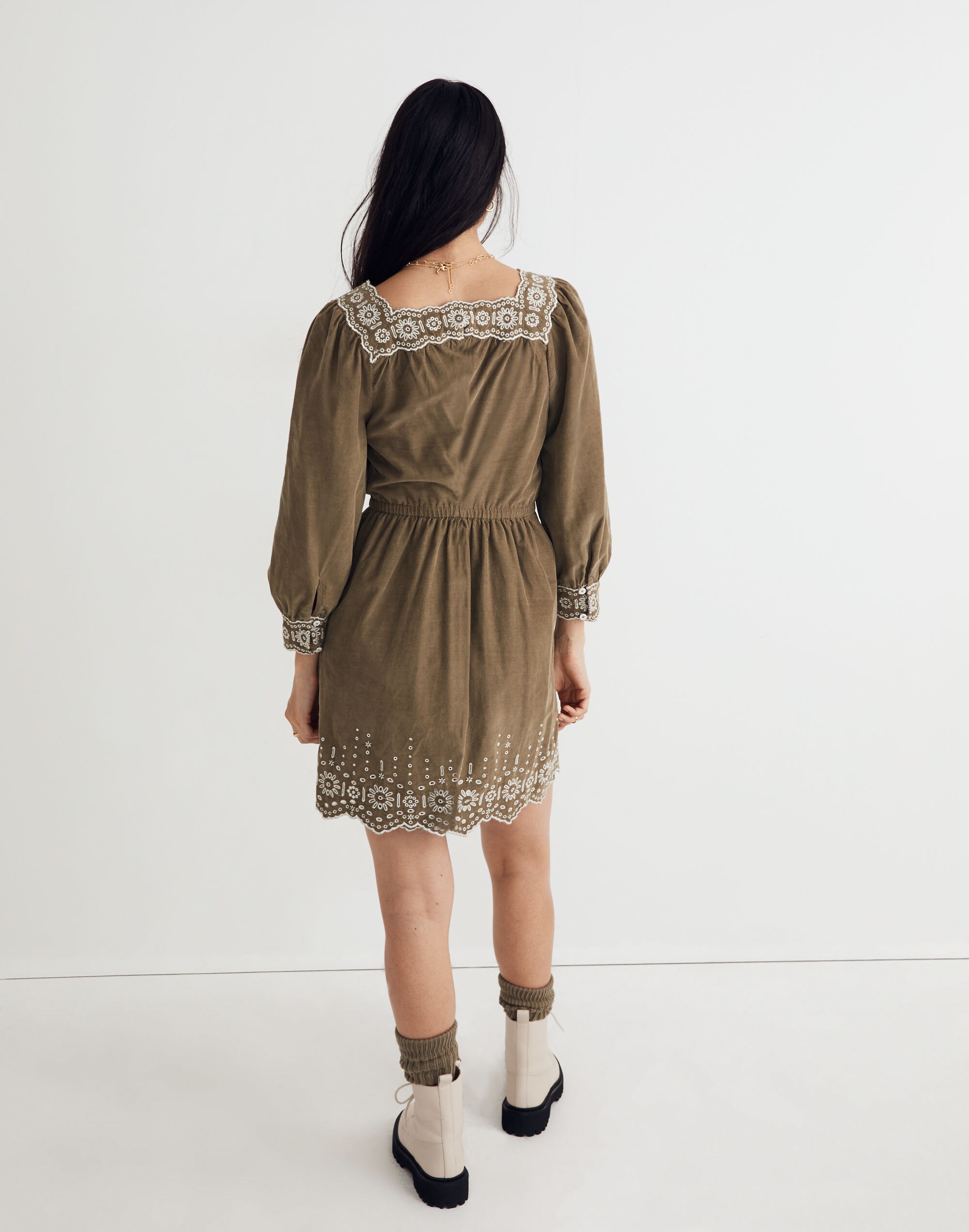 Petite Embroidered Corduroy Square-Neck Mini Dress | Madewell