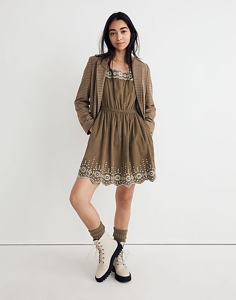 Embroidered Corduroy Square-Neck Mini Dress