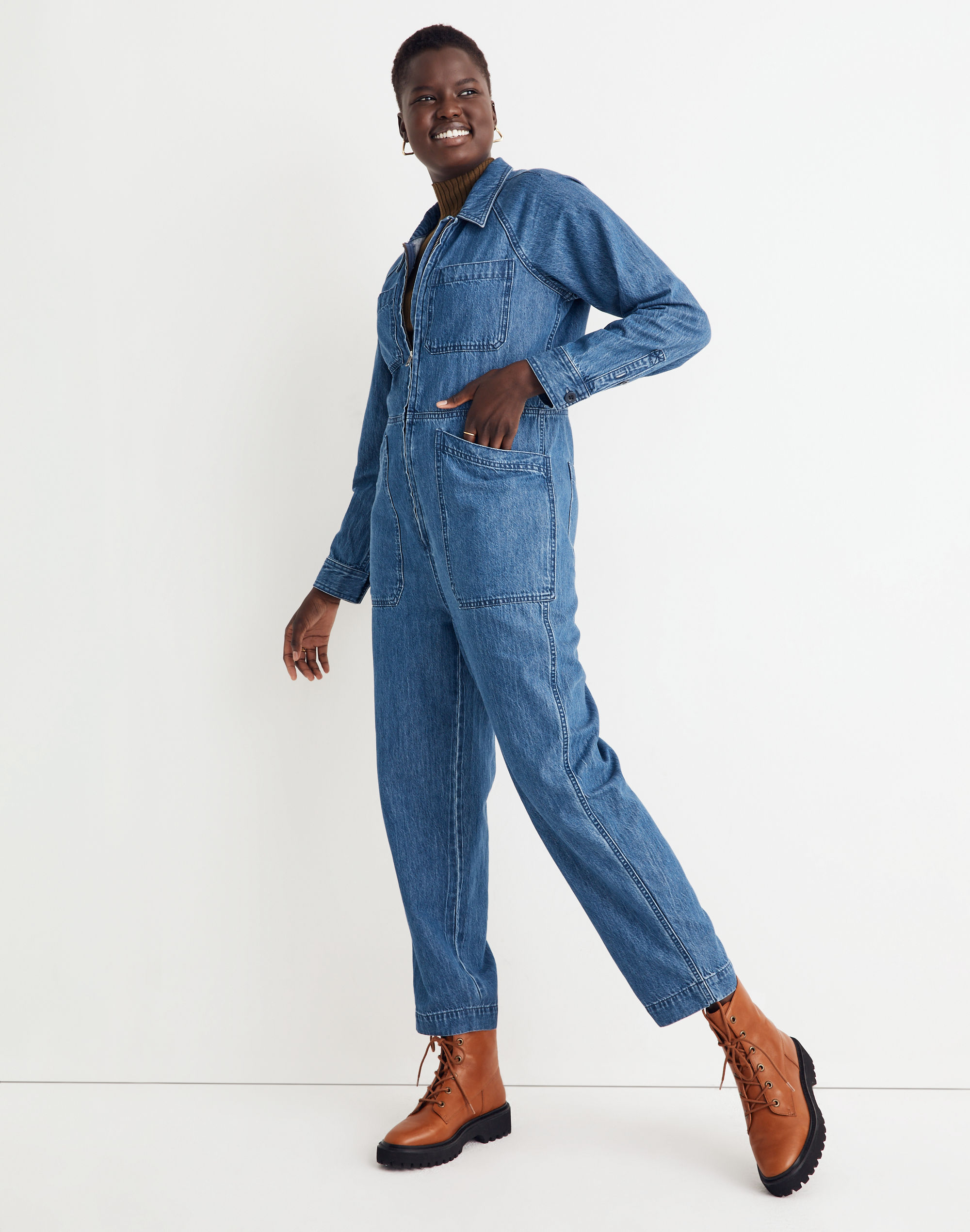 Curvy Denim Zip-Front Coverall Jumpsuit