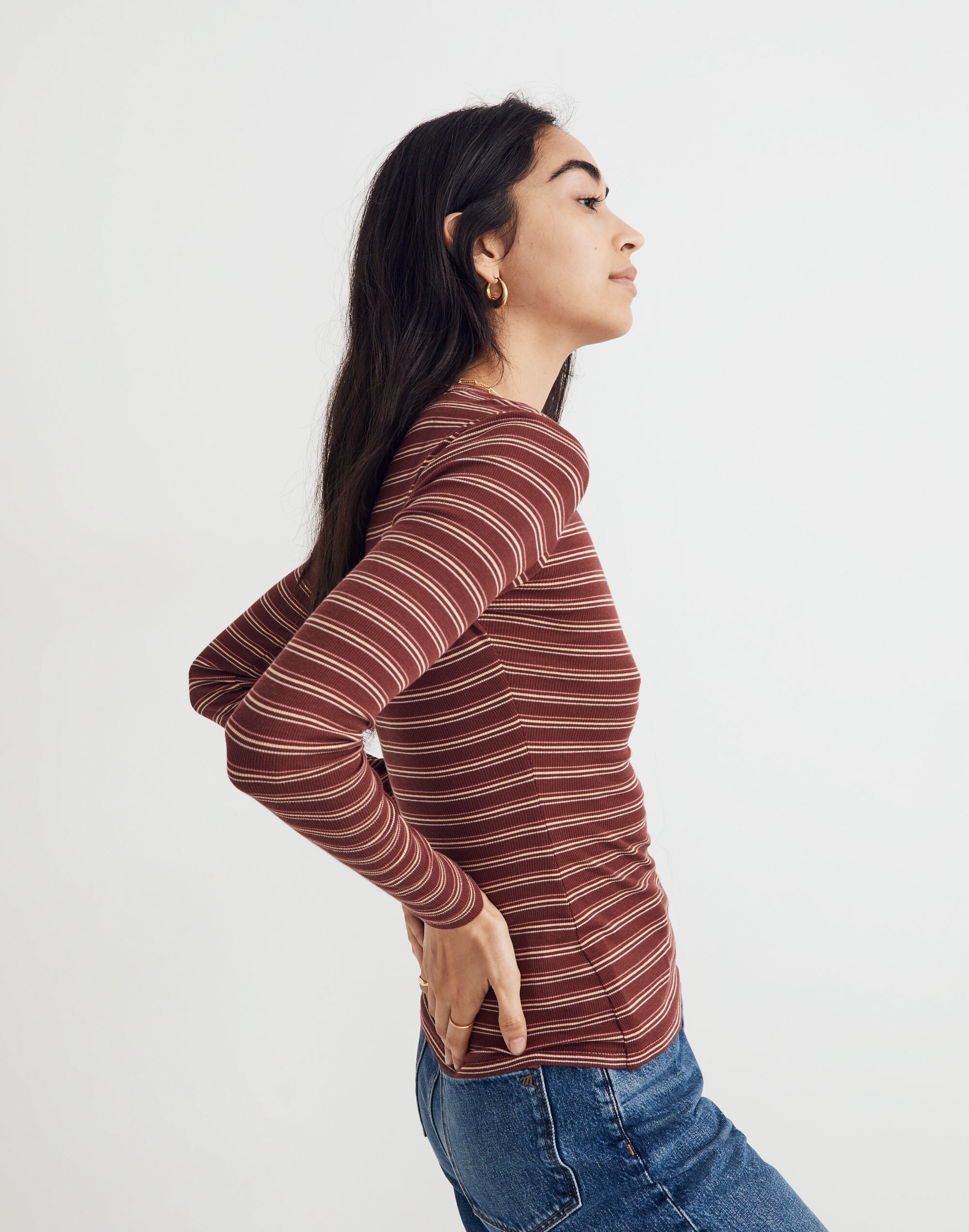 Fine Ribbed Crewneck Long-Sleeve Tee Macey Stripe | Madewell