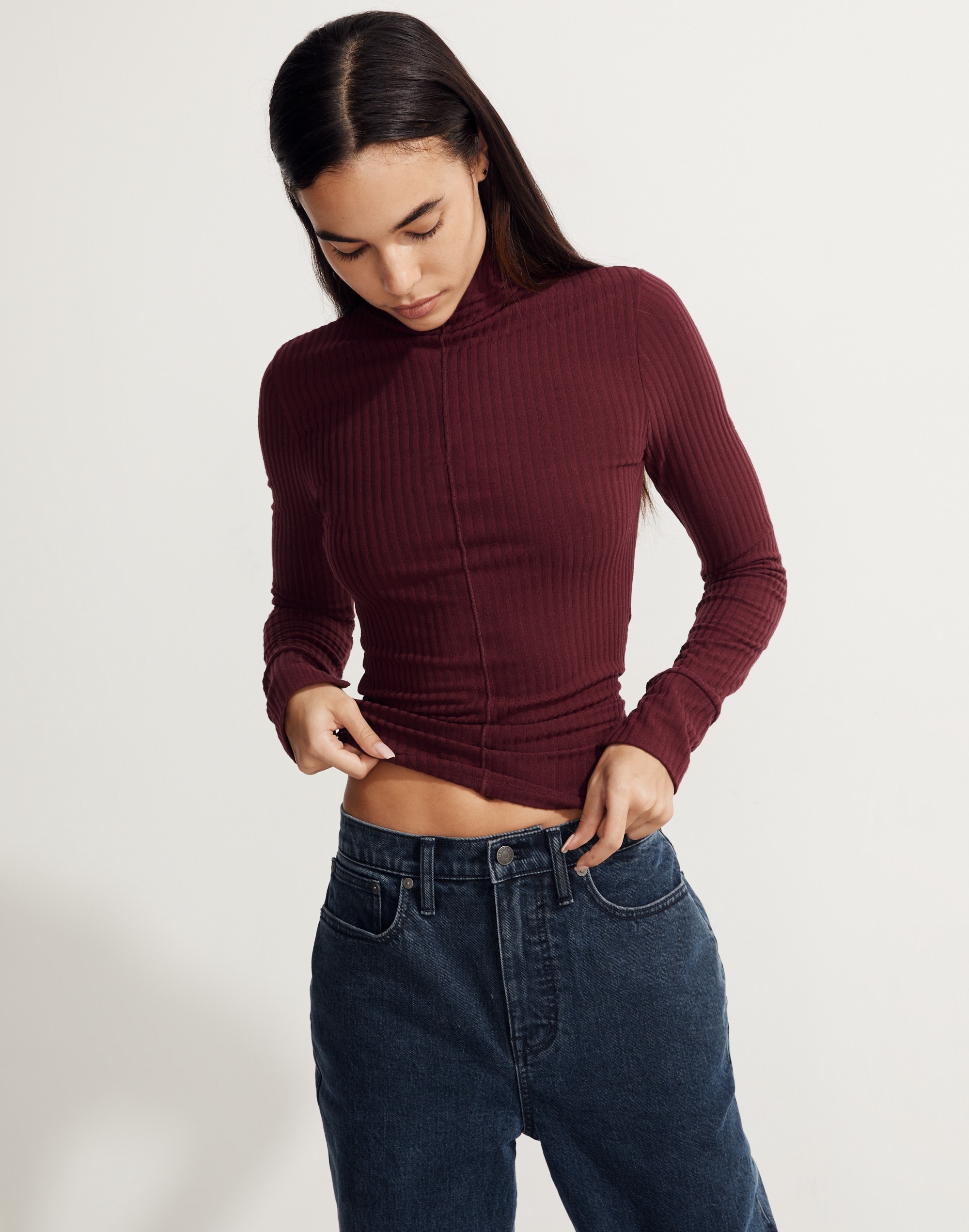 Ribbed Turtleneck Long Sleeve Solid Casual Top
