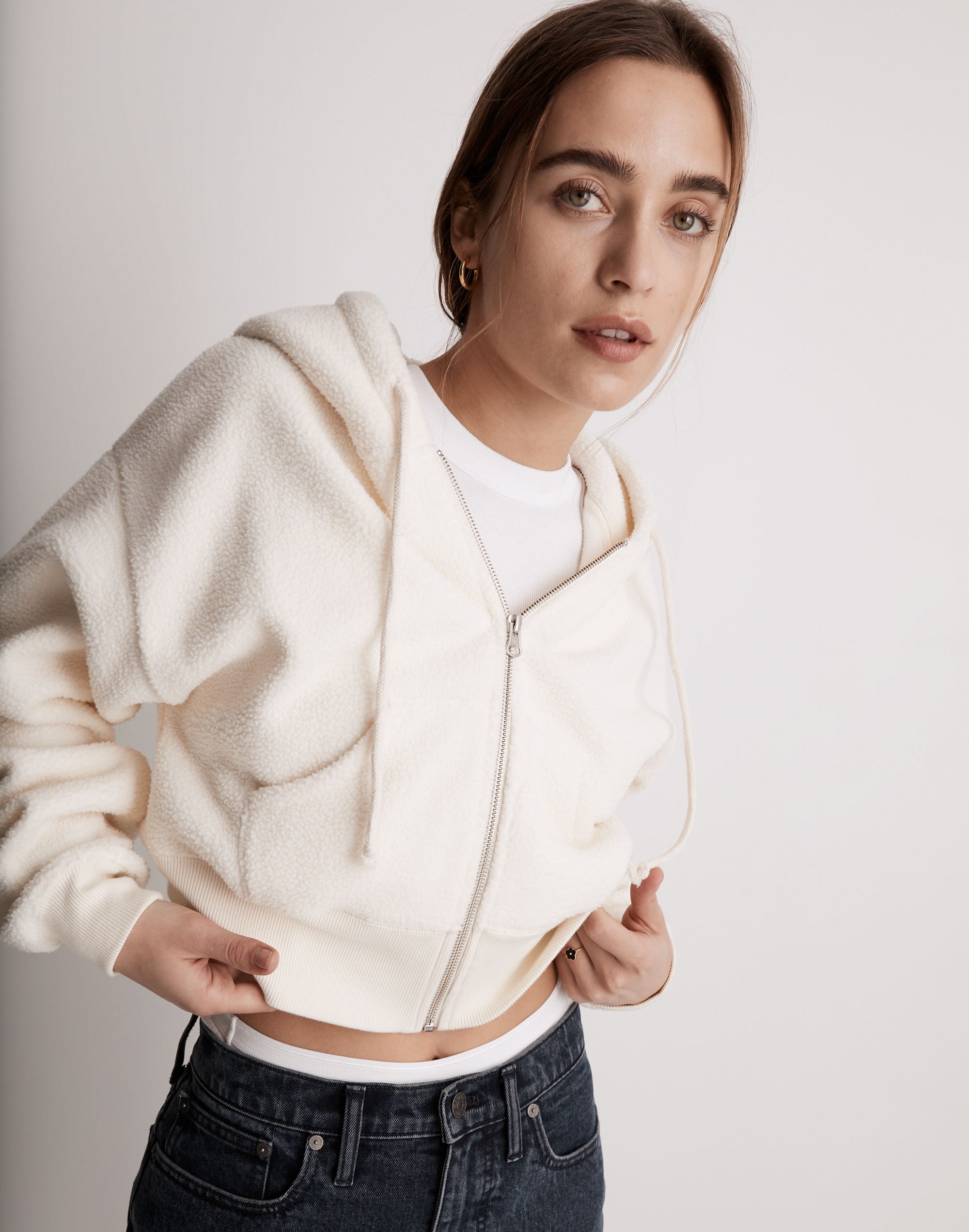 MWL Sherpa Zip-Front Drawstring Hoodie Sweatshirt | Madewell