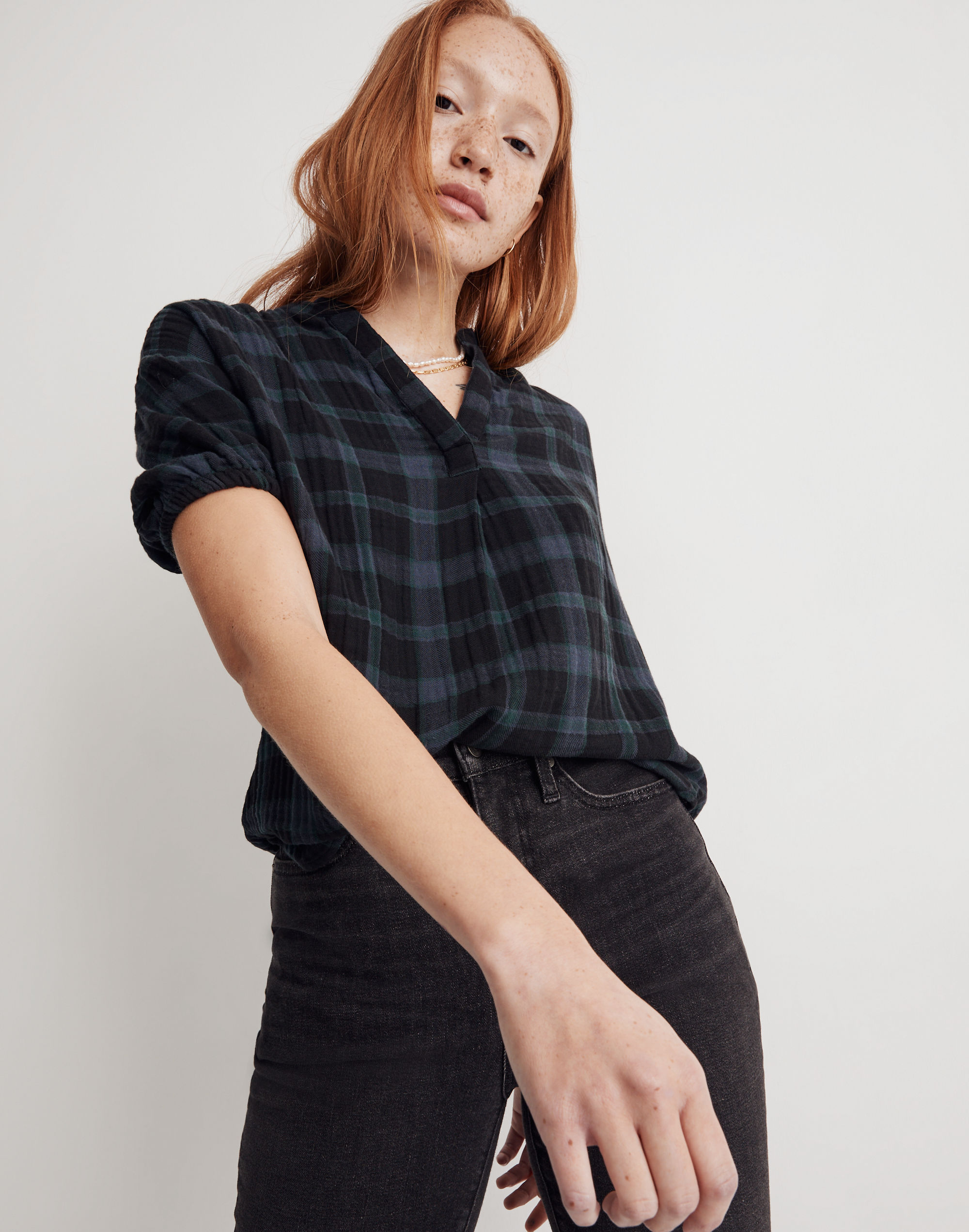 Lightspun Bubble-Sleeve Top in Plaid | Madewell