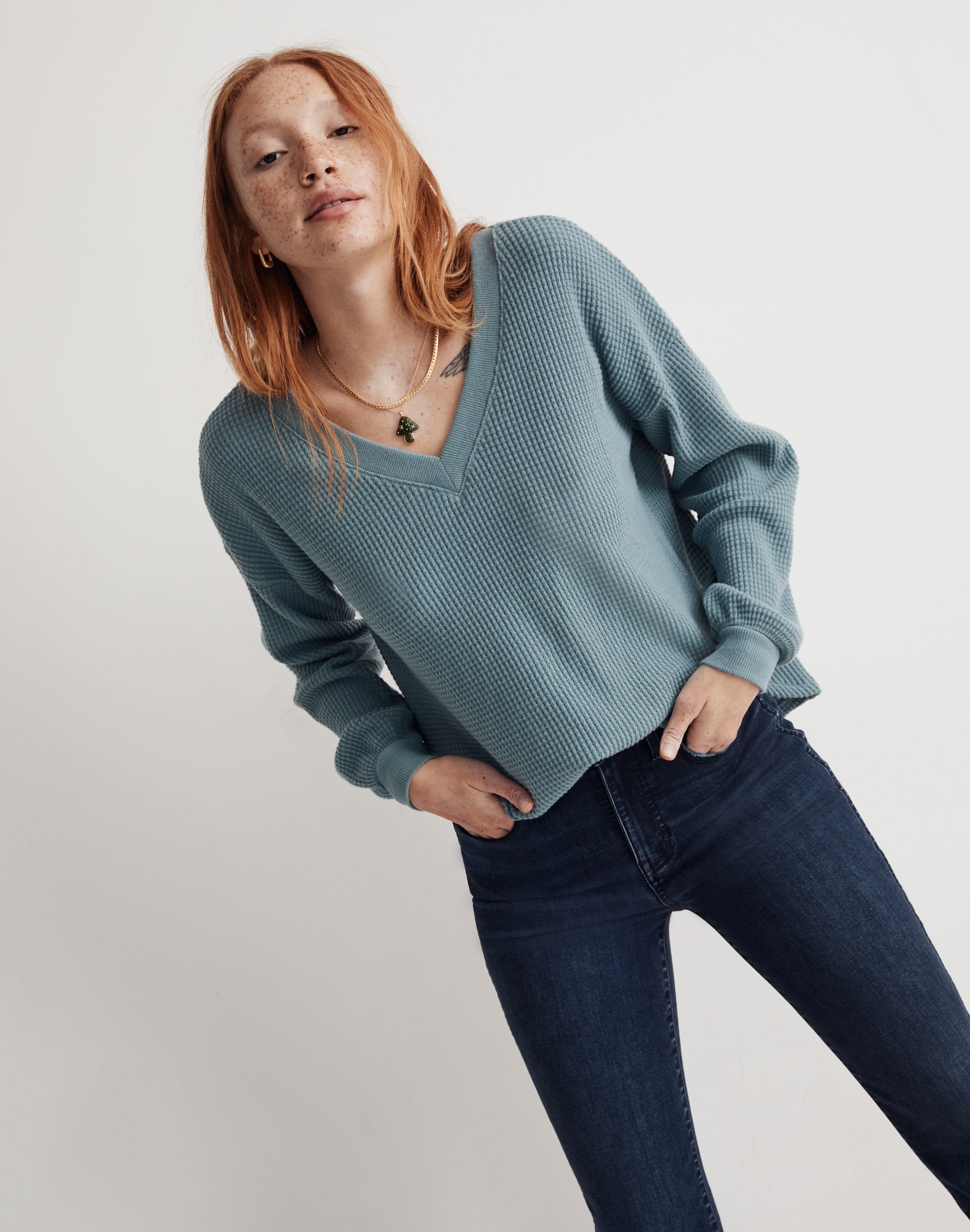 Waffle Knit V-Neck Long-Sleeve Sweater | Madewell