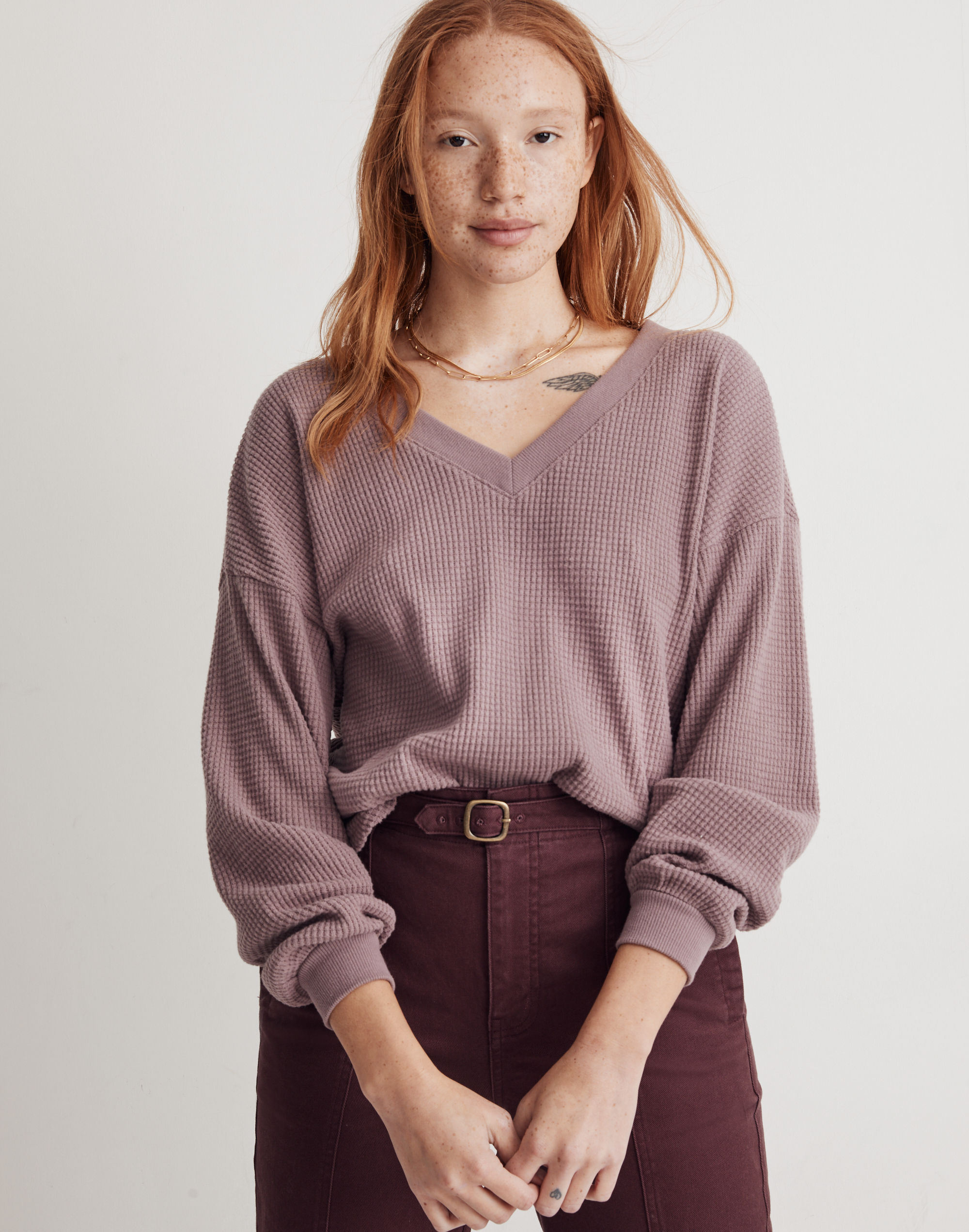 Waffle Knit V-Neck Long-Sleeve Sweater | Madewell