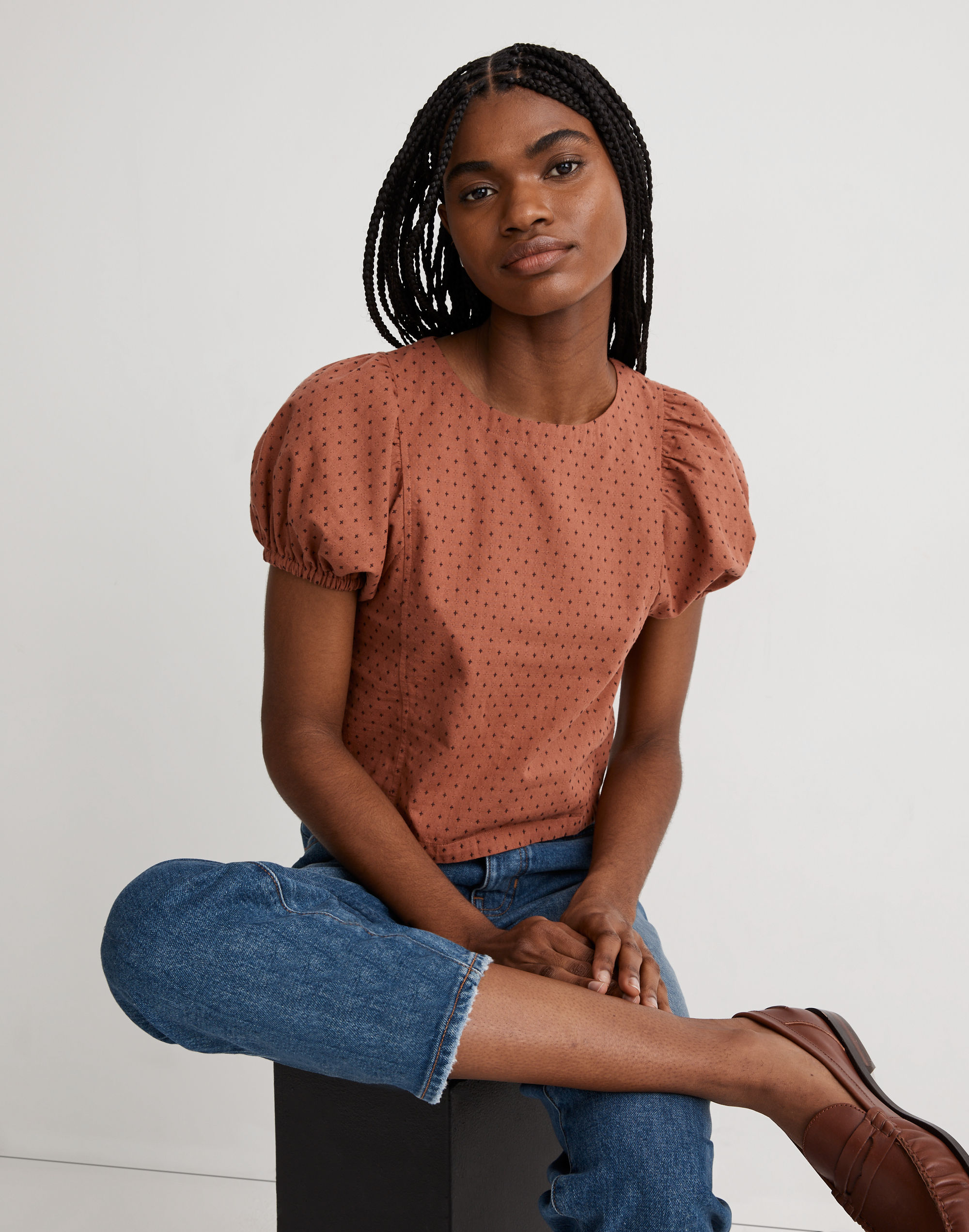 Jacquard Puff-Sleeve Top in Micro Cross