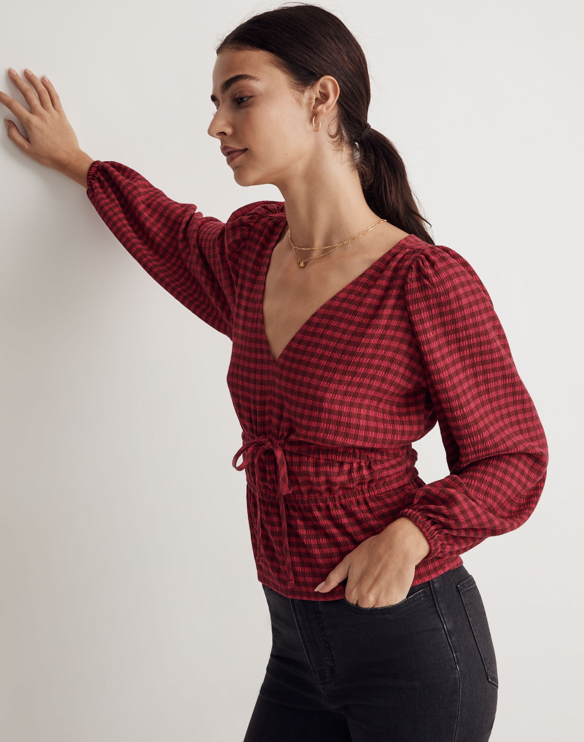 Crinkled V-Neck Peplum Top in Plaid | Madewell