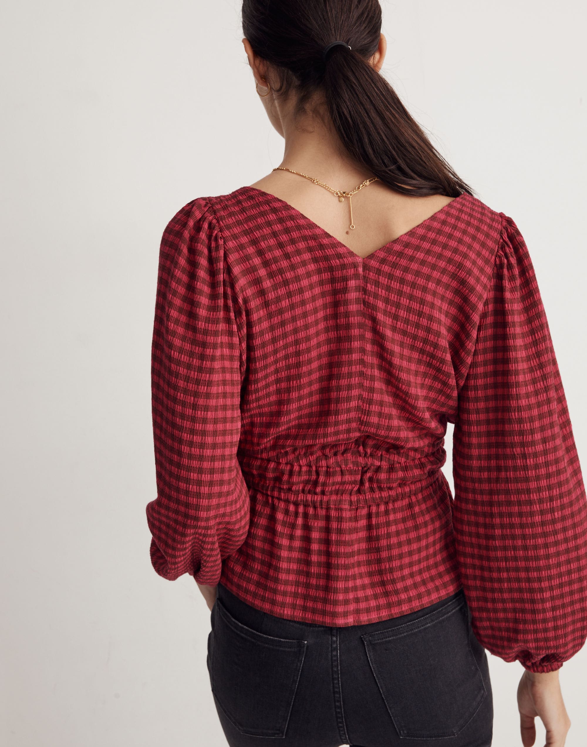 Crinkled V-Neck Peplum Top in Plaid | Madewell