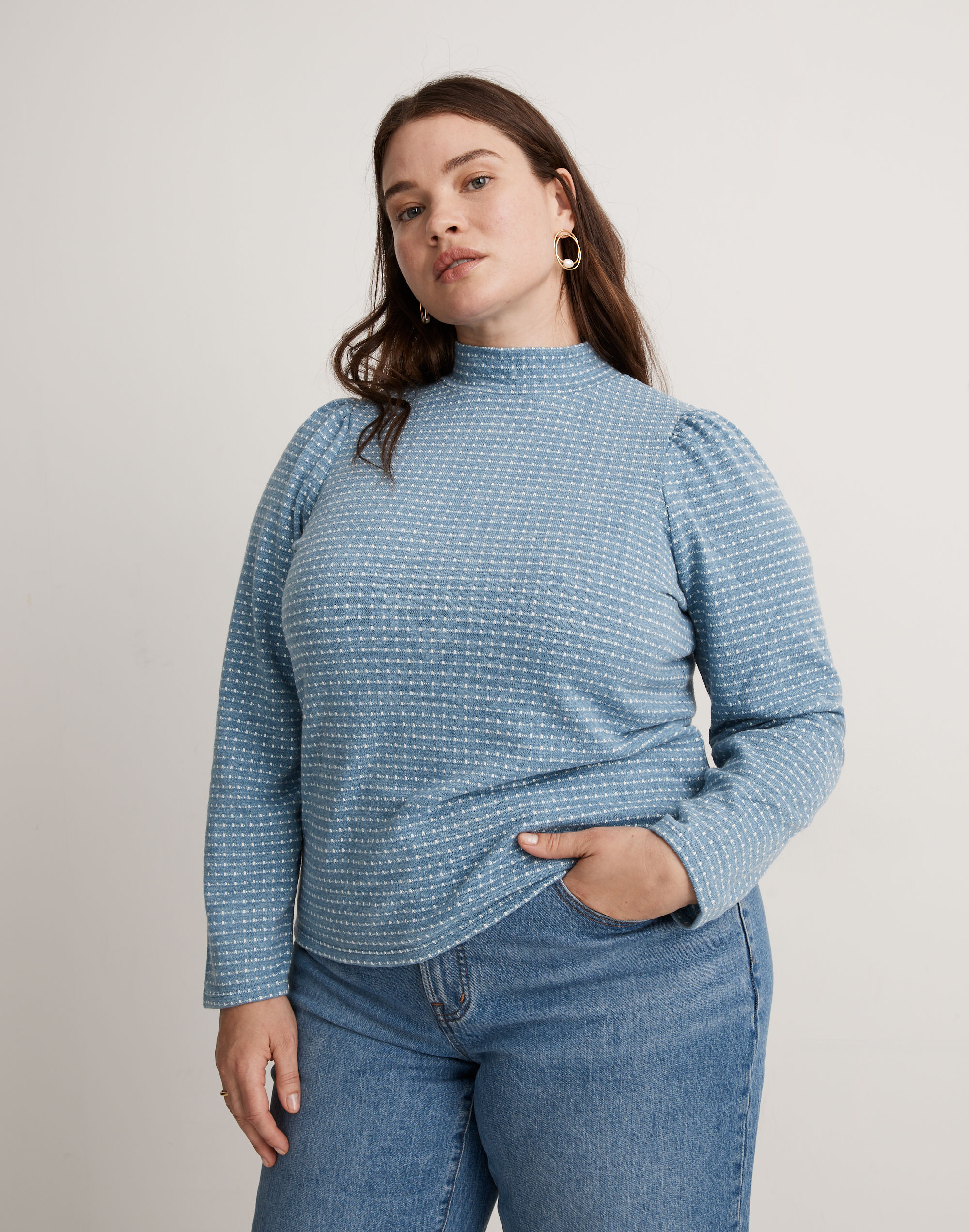 Plus Jacquard Puff-Sleeve Mockneck Top | Madewell