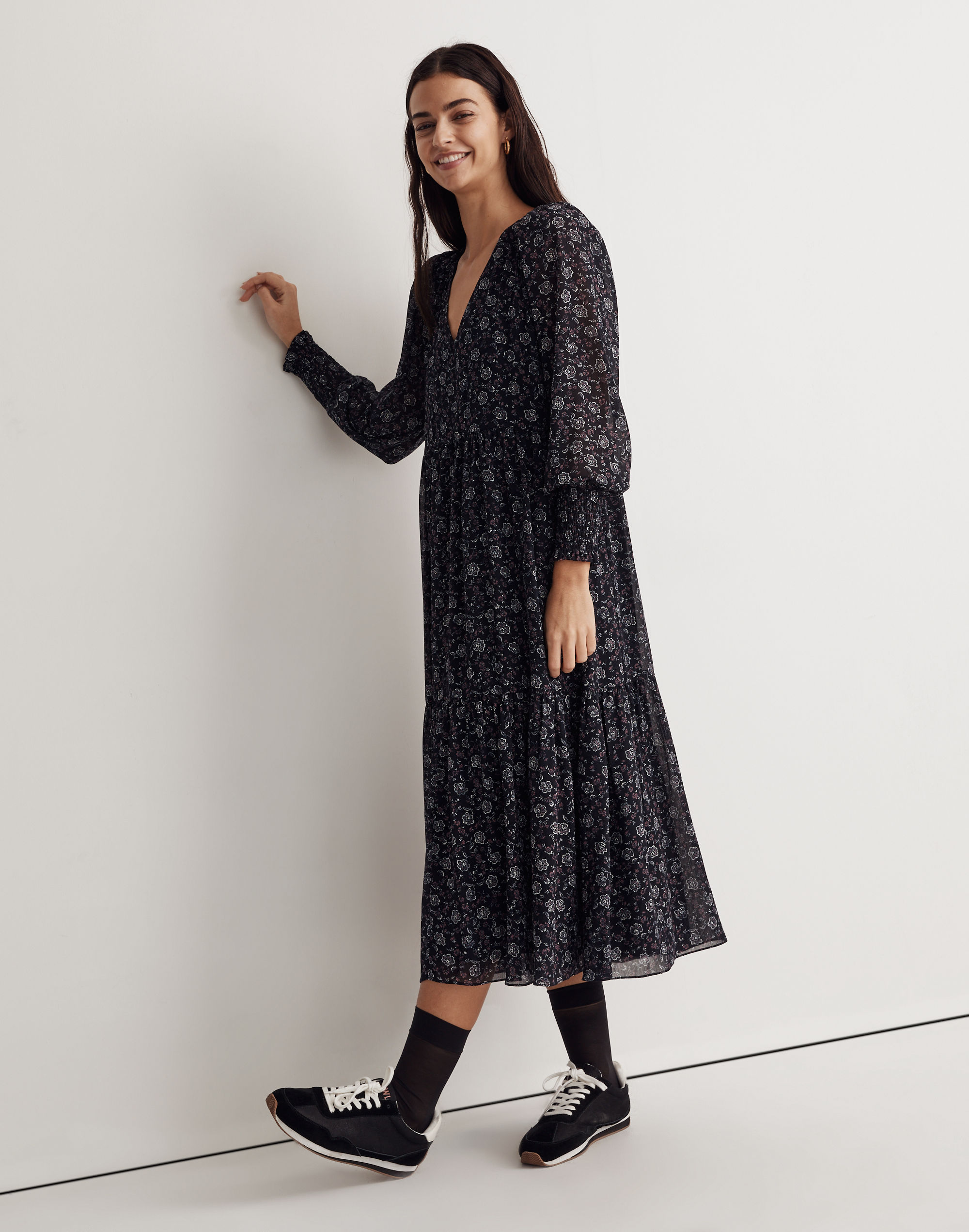 Georgette V-Neck Tiered Midi Dress Enchanted Floral | Madewell