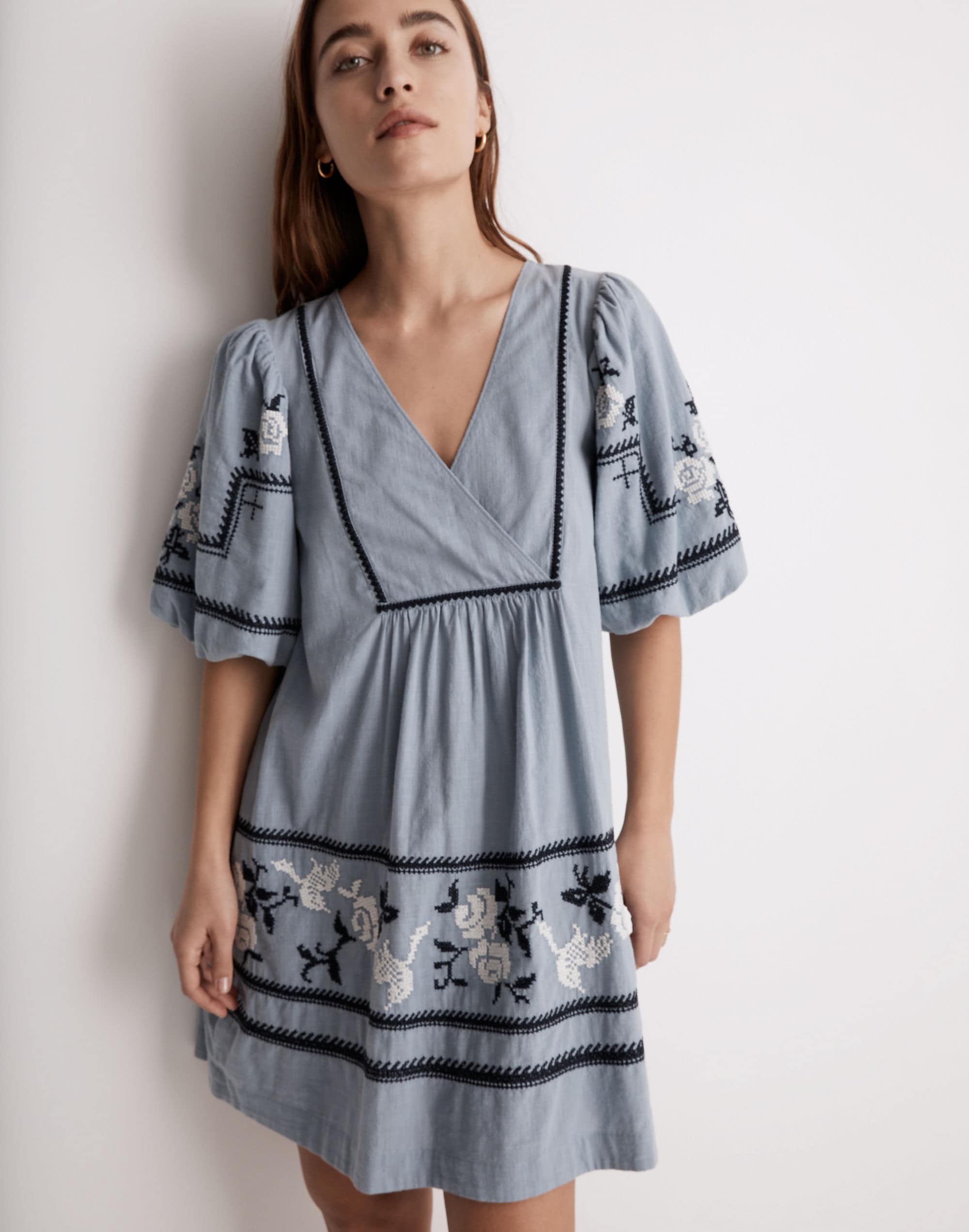 Embroidered Foldover V-Neck Mini Dress | Madewell