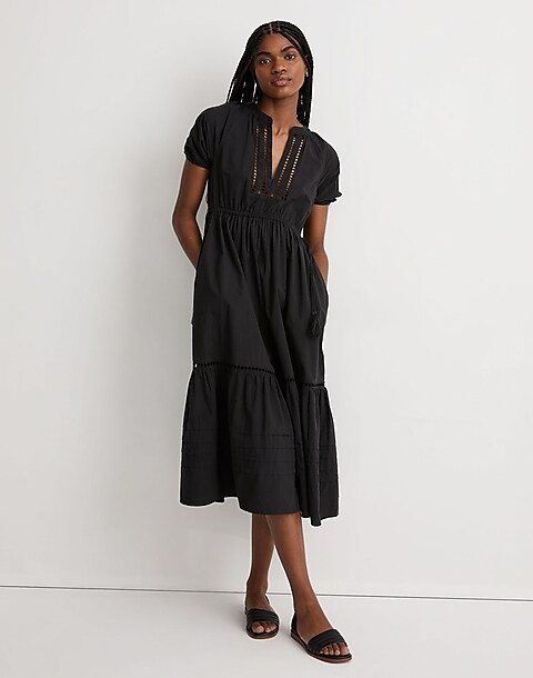 Poplin Ladder Embroidery Midi Dress