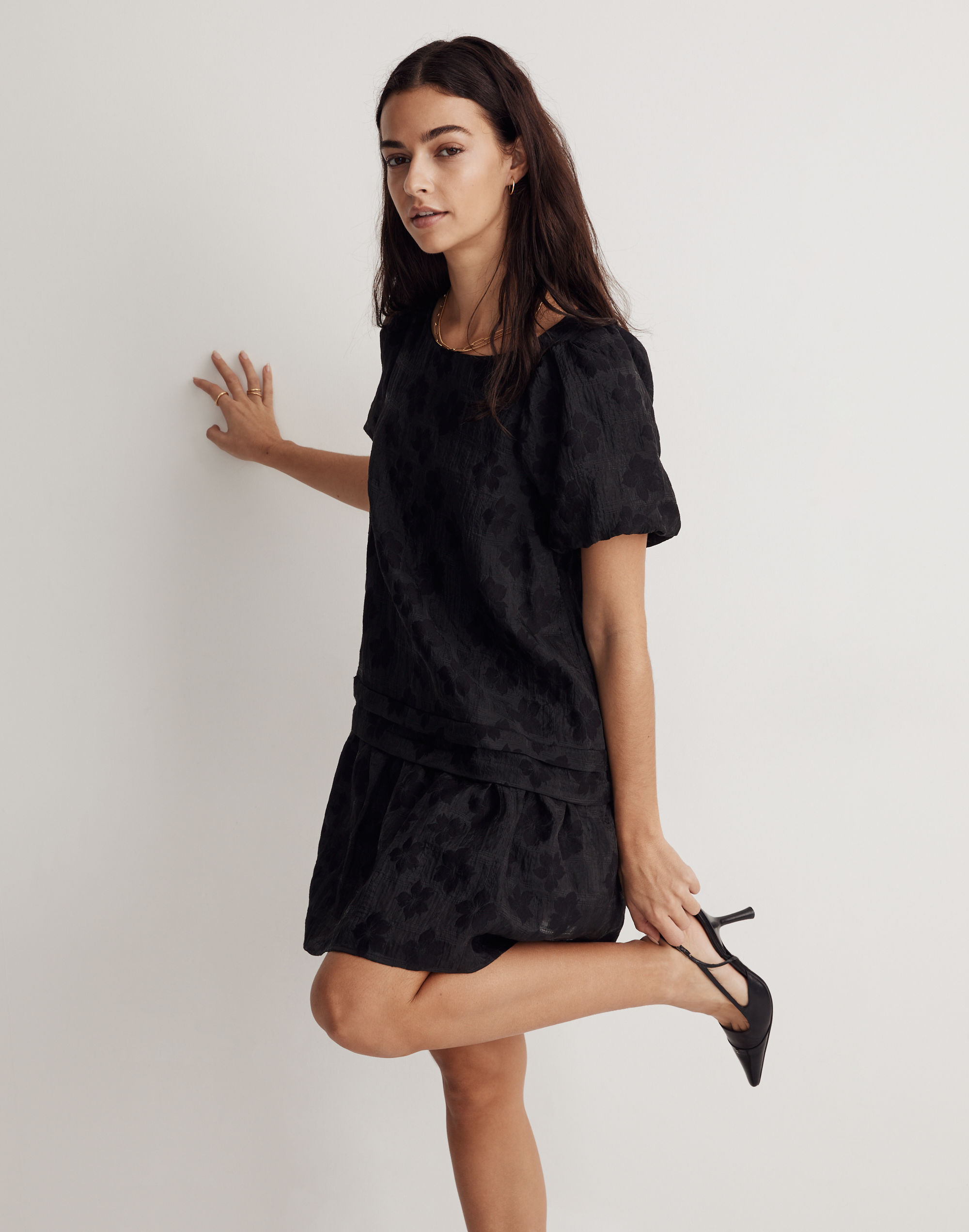 Puff-Sleeve Pleated Mini Dress Floral Jacquard | Madewell