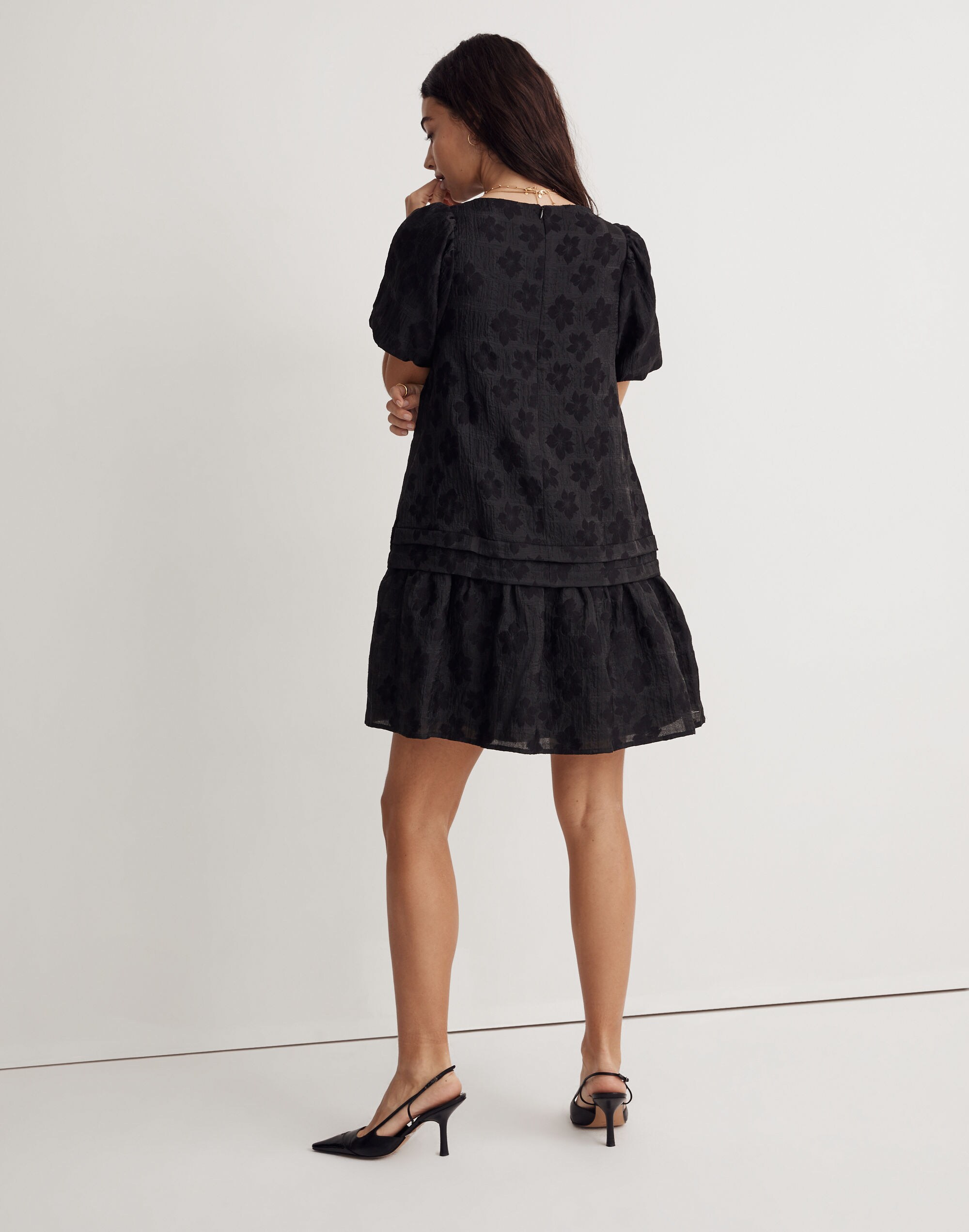 Puff-Sleeve Pleated Mini Dress in Floral Jacquard | Madewell