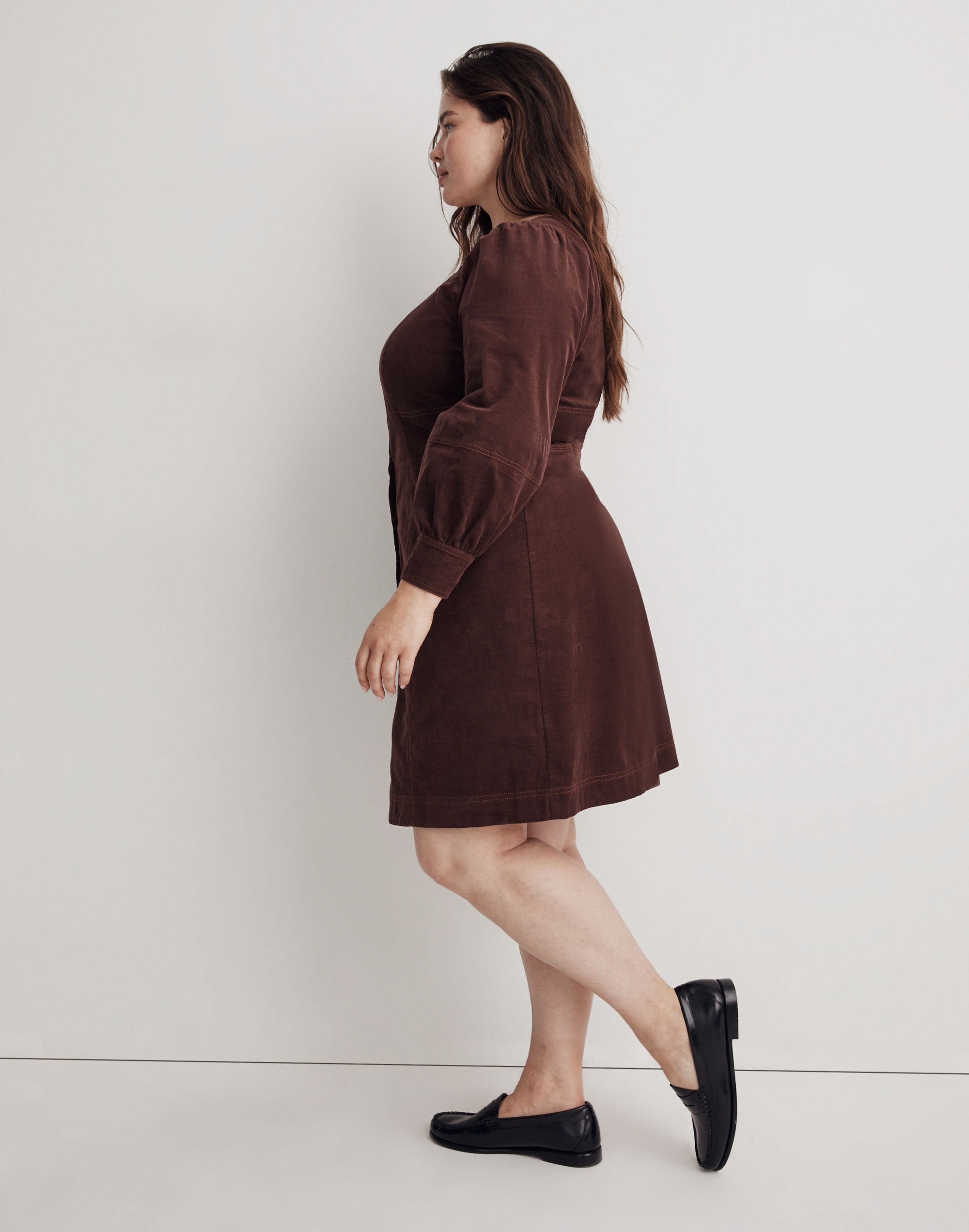 Plus Corduroy Seamed Long-Sleeve Mini Dress