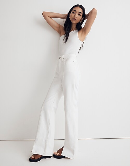 White High-Waisted Side Slit Flare Pants with Pockets