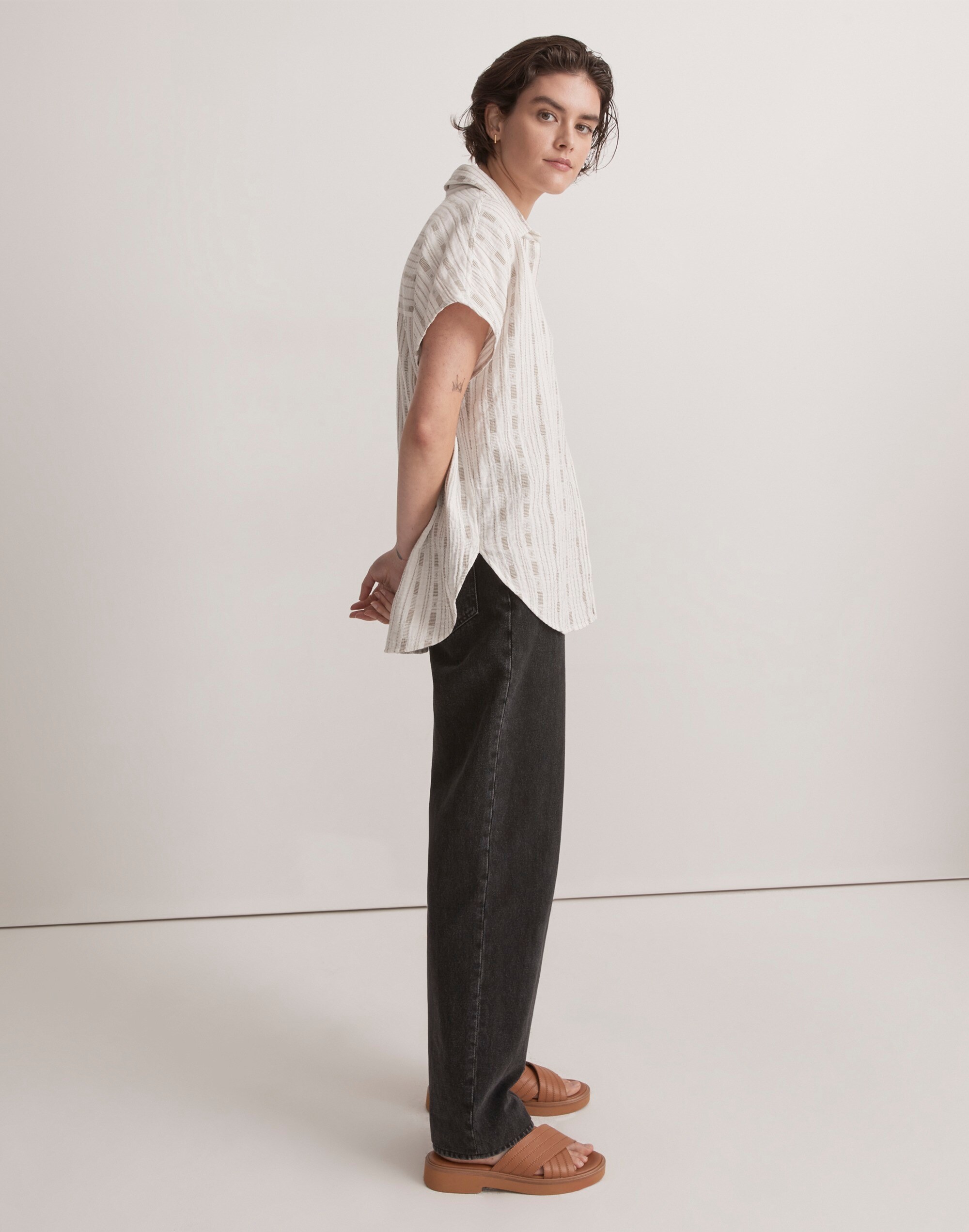 Dobby-Striped Dolman-Sleeve Button-Up Shirt