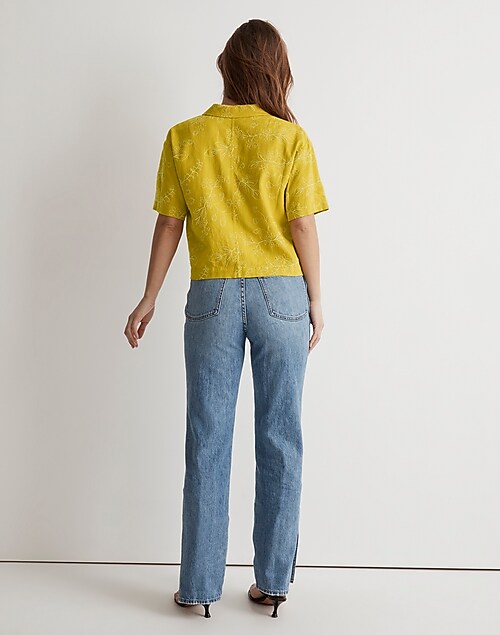 Embroidered Linen-Blend Resort Crop Shirt