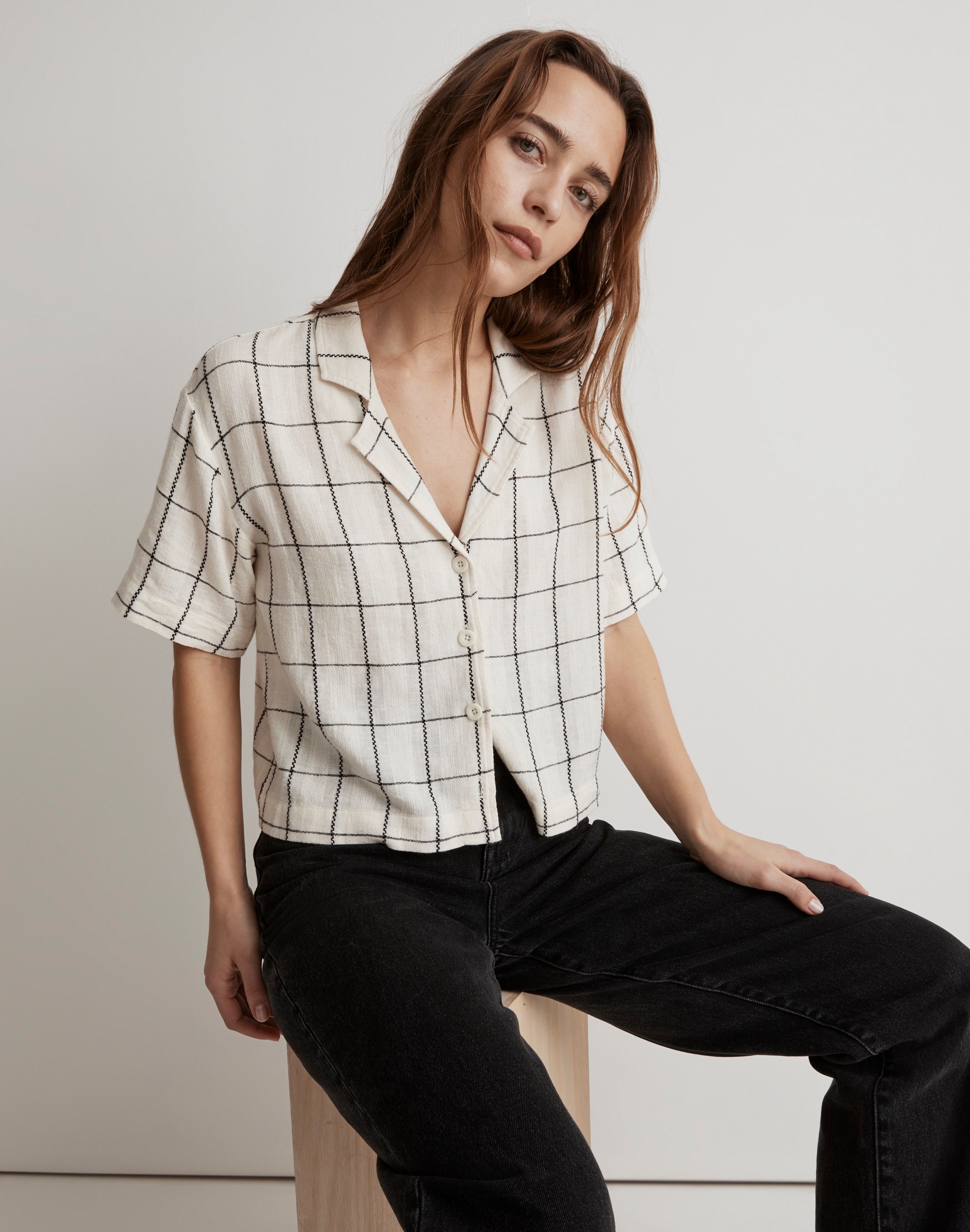 Linen-Blend Resort Crop Shirt Windowpane | Madewell