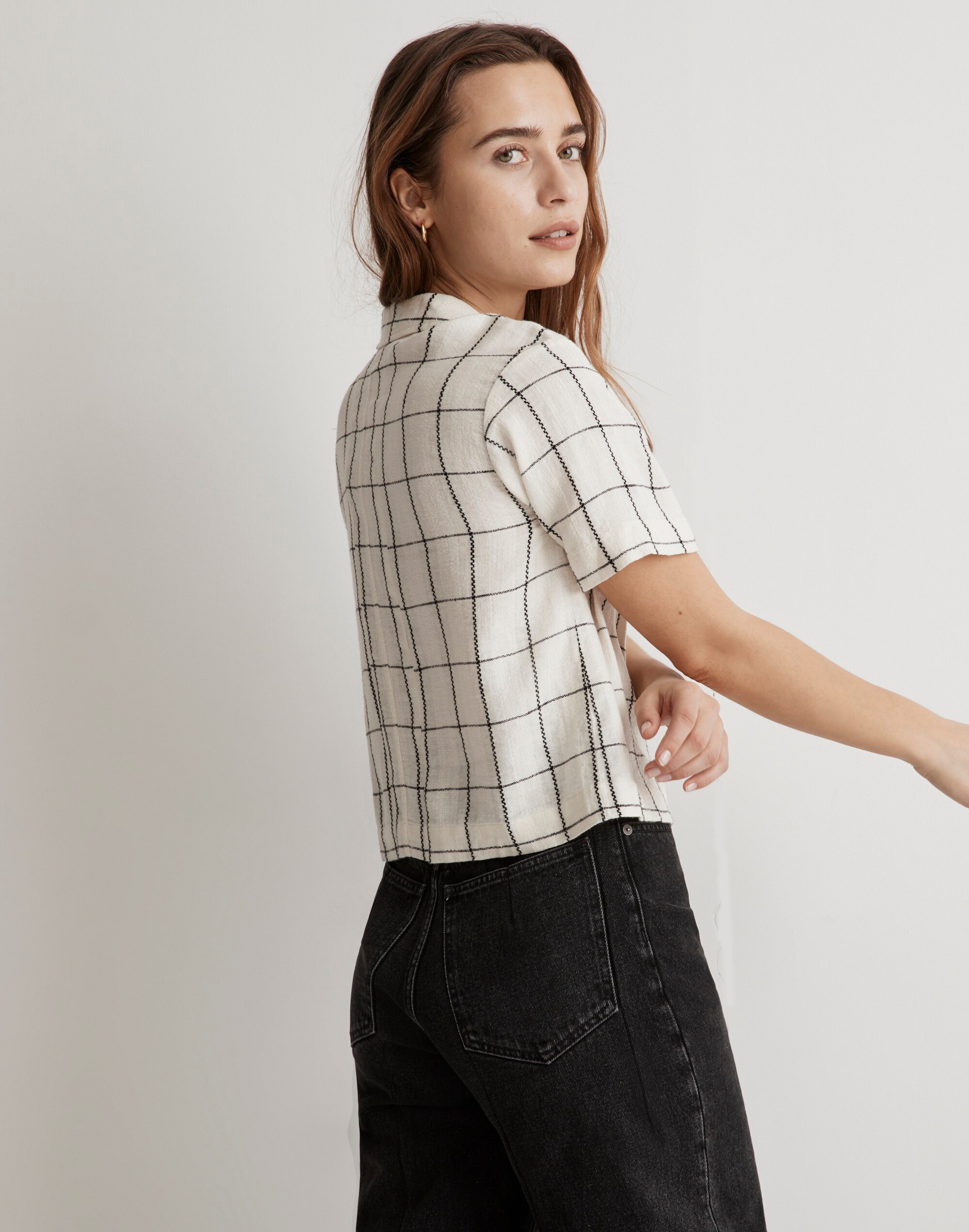 Linen-Blend Resort Crop Shirt Windowpane | Madewell