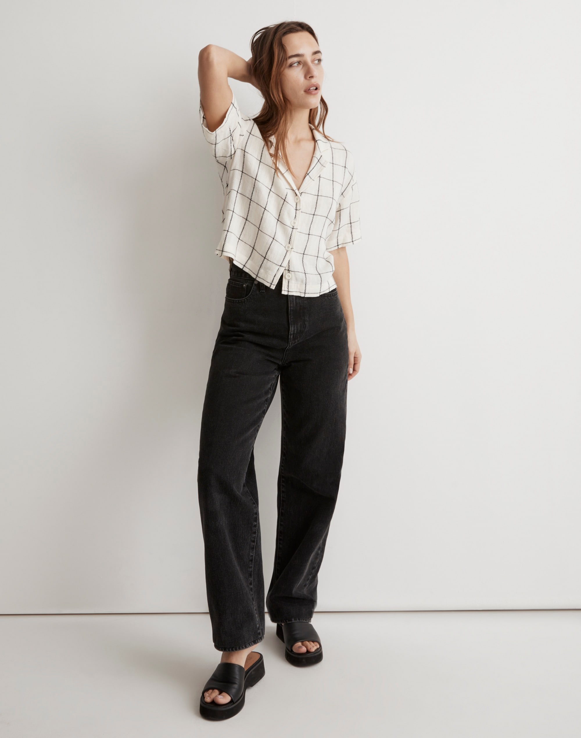 Linen-Blend Resort Crop Shirt Windowpane | Madewell