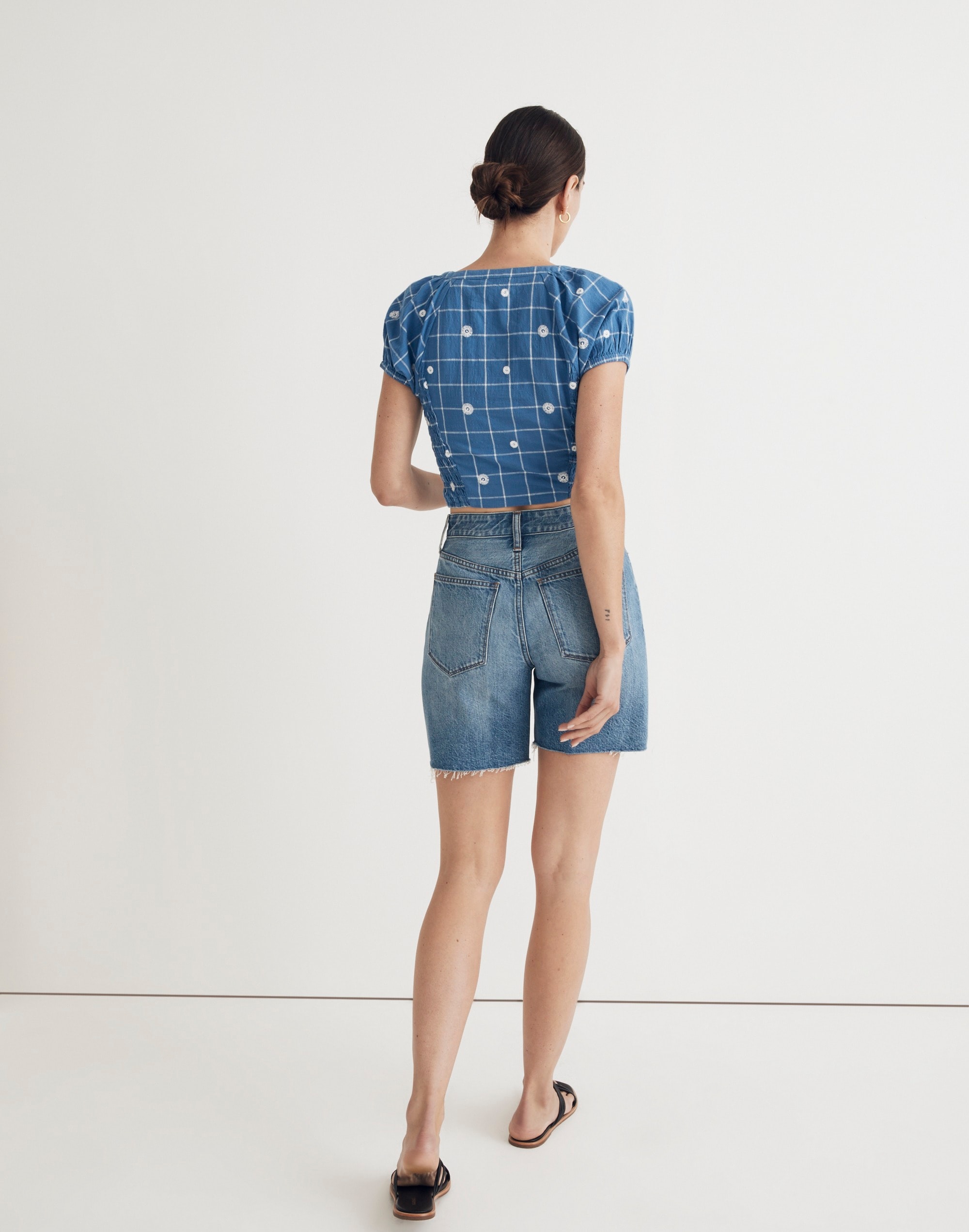 Embroidered Puff-Sleeve Crop Top in Windowpane | Madewell