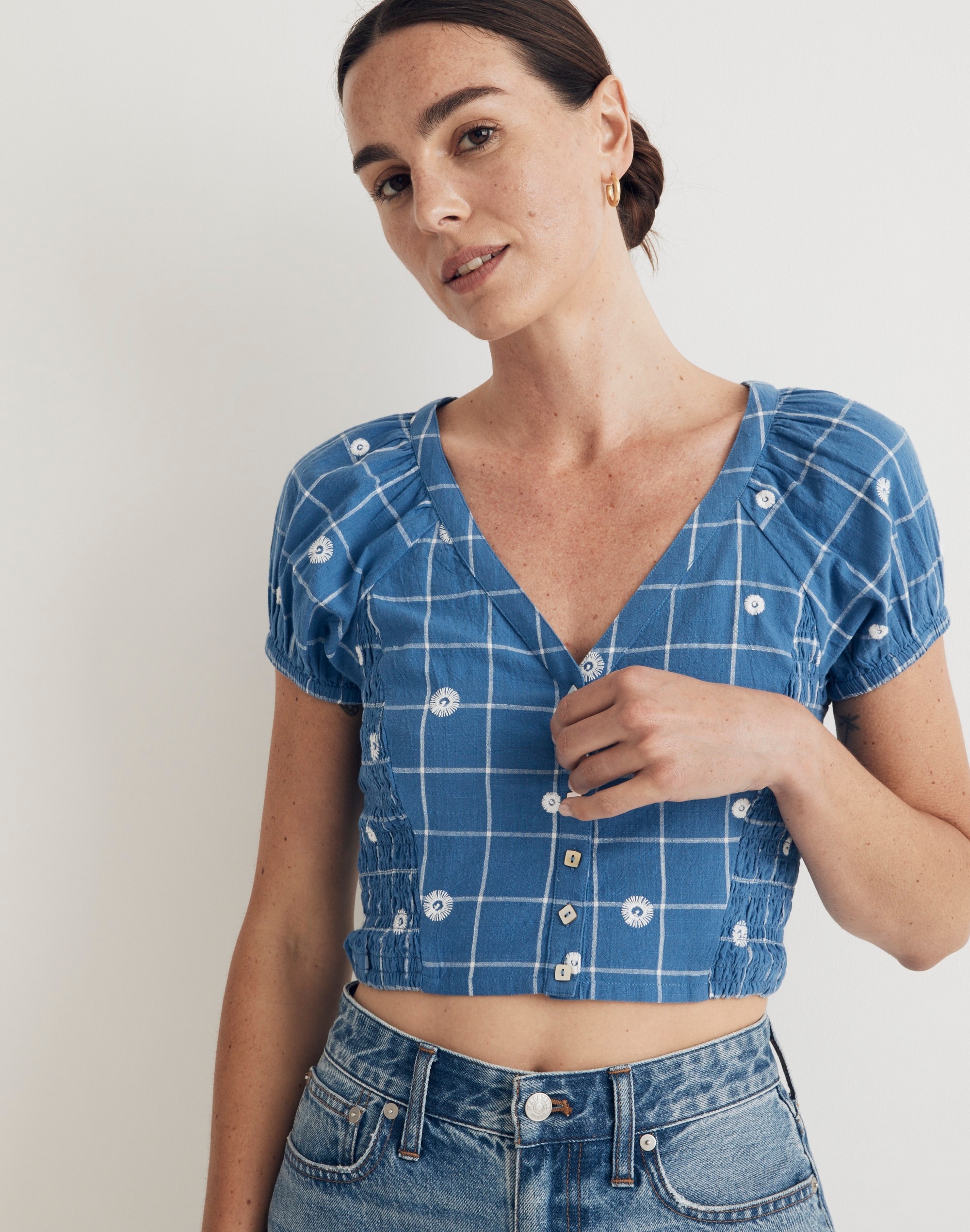 Embroidered Puff-Sleeve Crop Top in Windowpane | Madewell