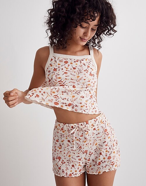 Floral Print Pointelle Lace Trim Crop & Shorts Pajama Set