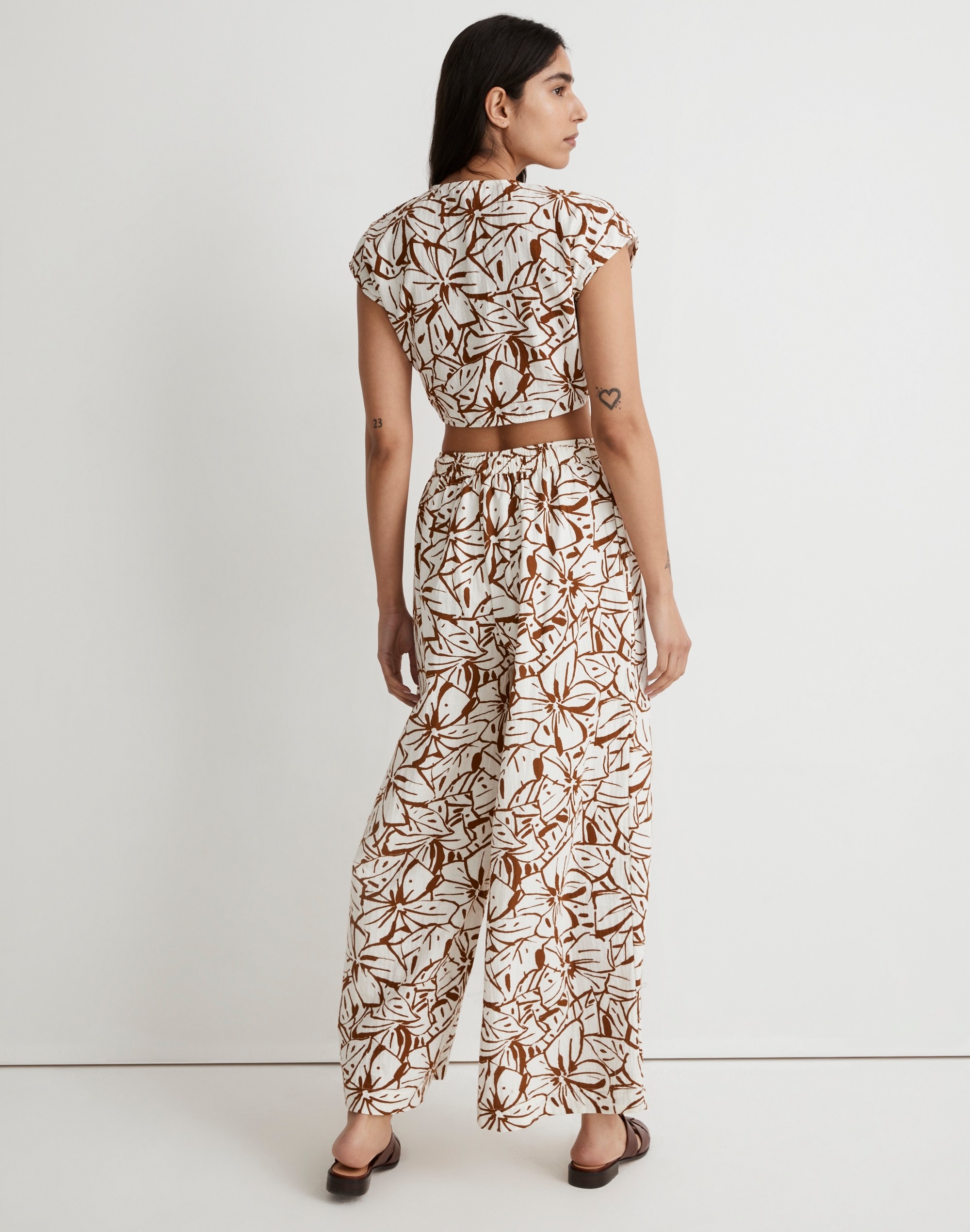 Double-Gauze Drawstring Wide-Leg Pants in Abstract Flora