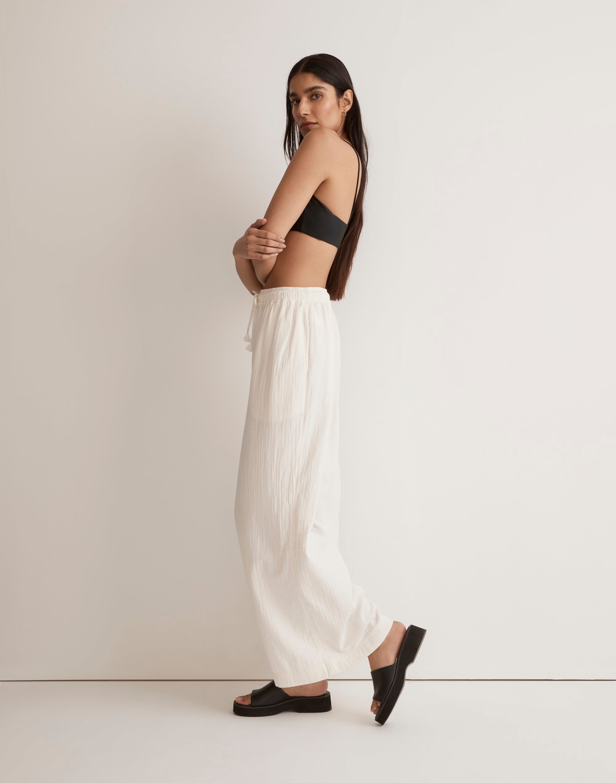 Double-Gauze Drawstring Wide-Leg Pants