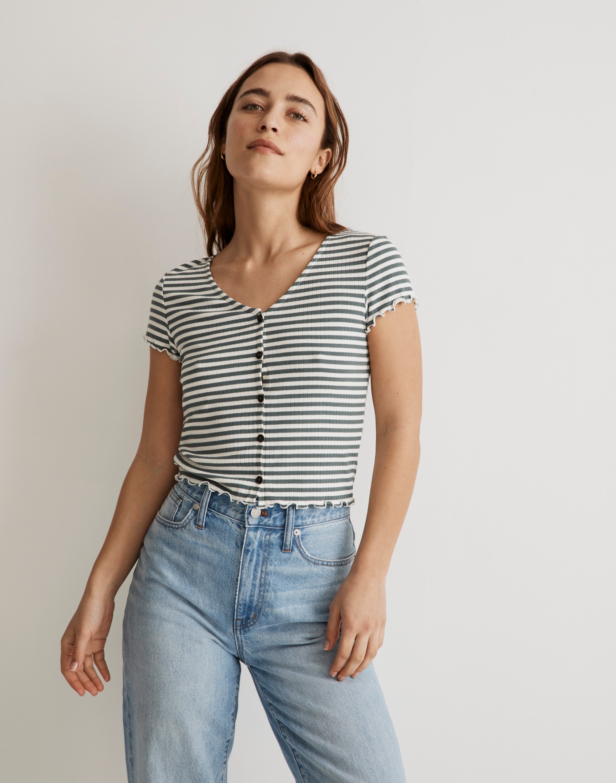 Button-Front V-Neck Tee in Stripe