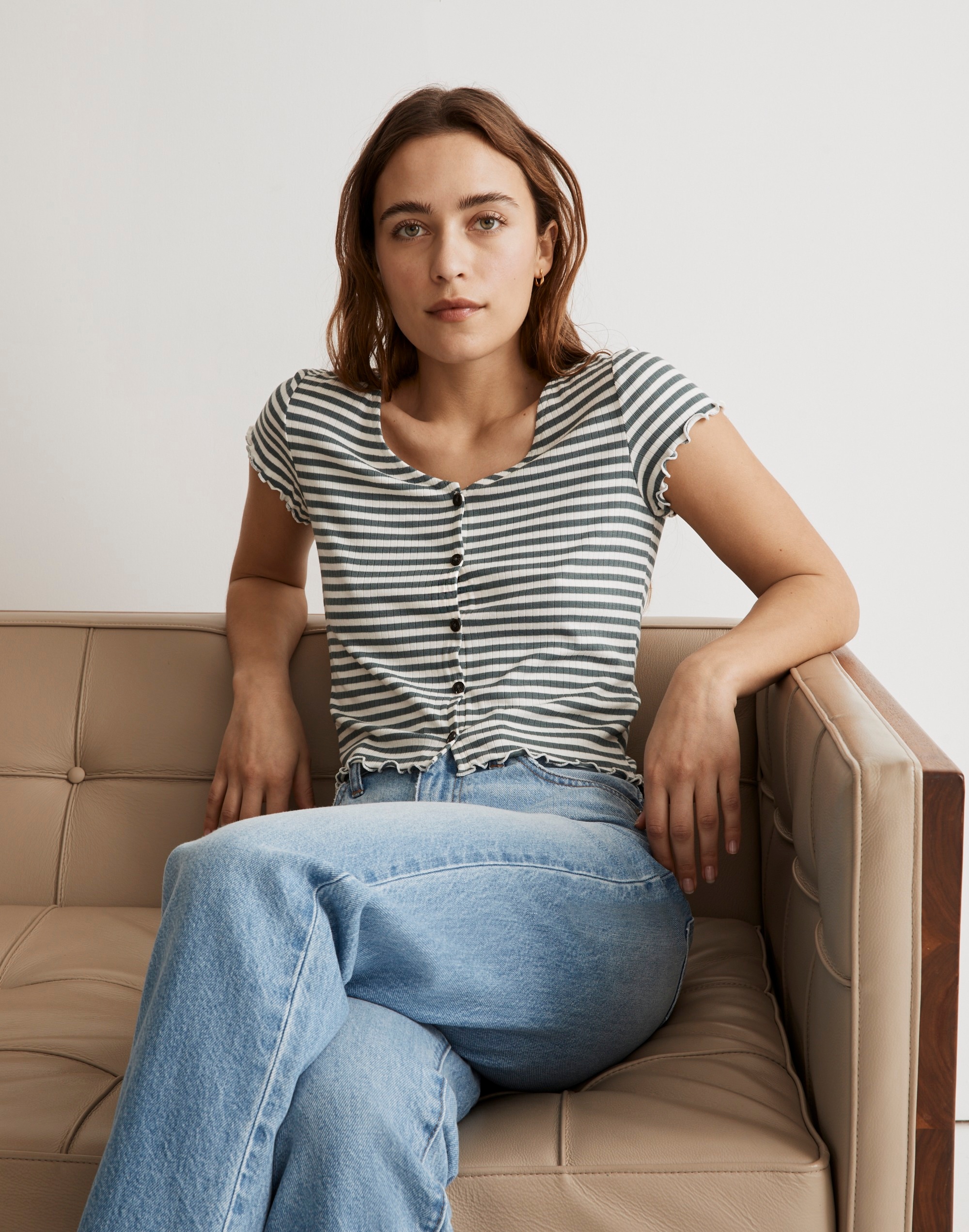 Button-Front V-Neck Tee in Stripe