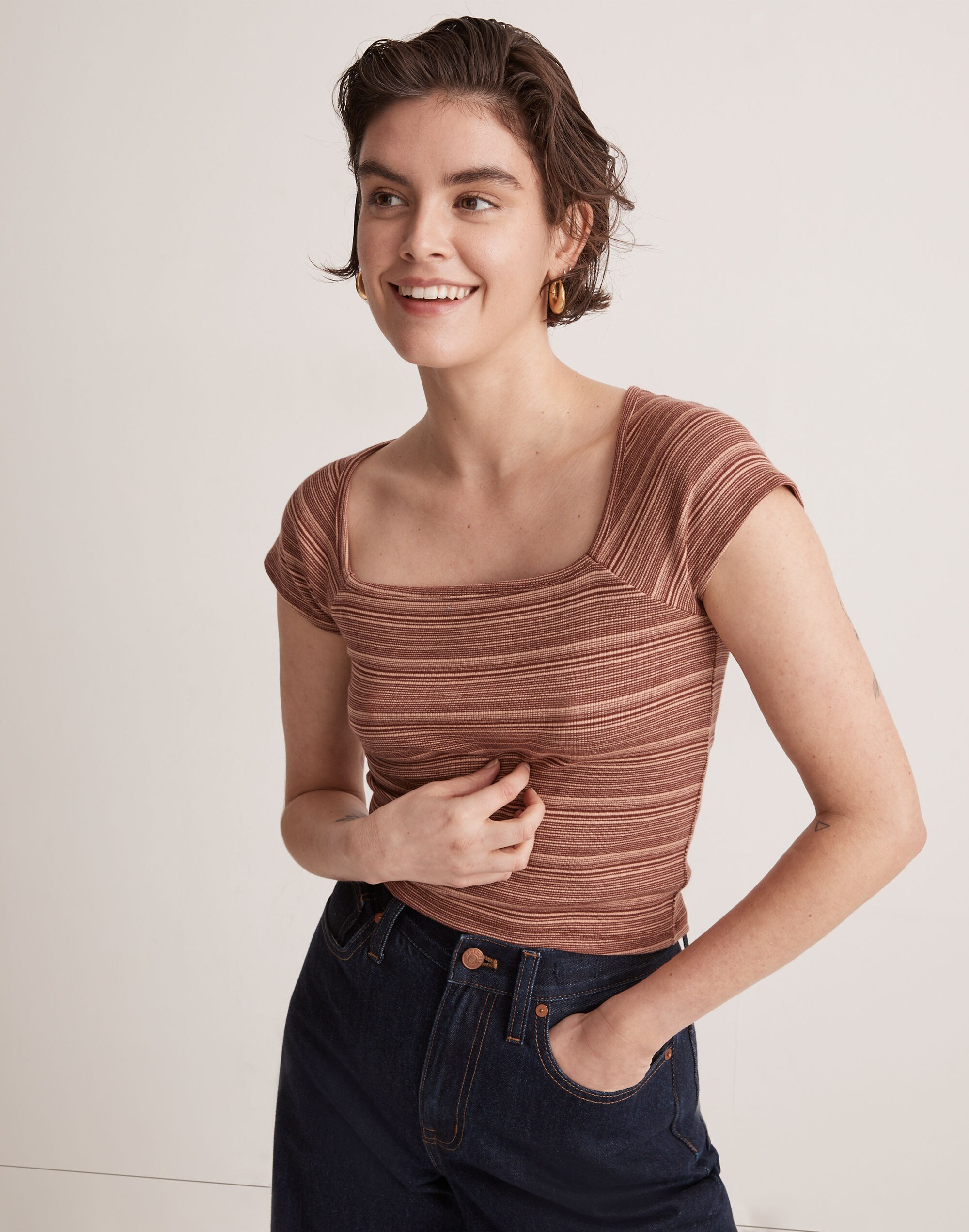 Brightside Rib Square-Neck Tee in Stripe | Madewell