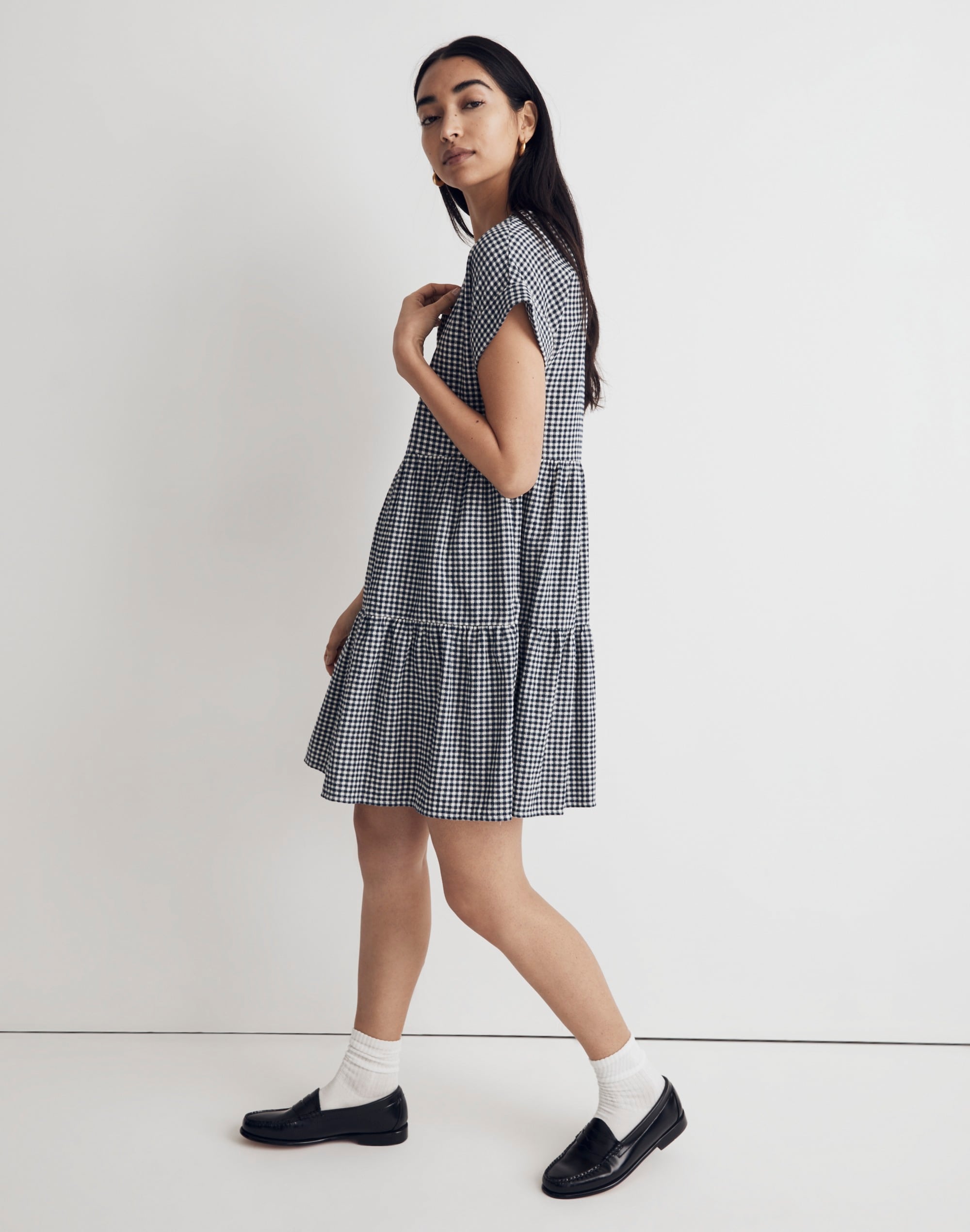 Cuff-Sleeve Button-Front Tiered Mini Dress Gingham Check | Madewell