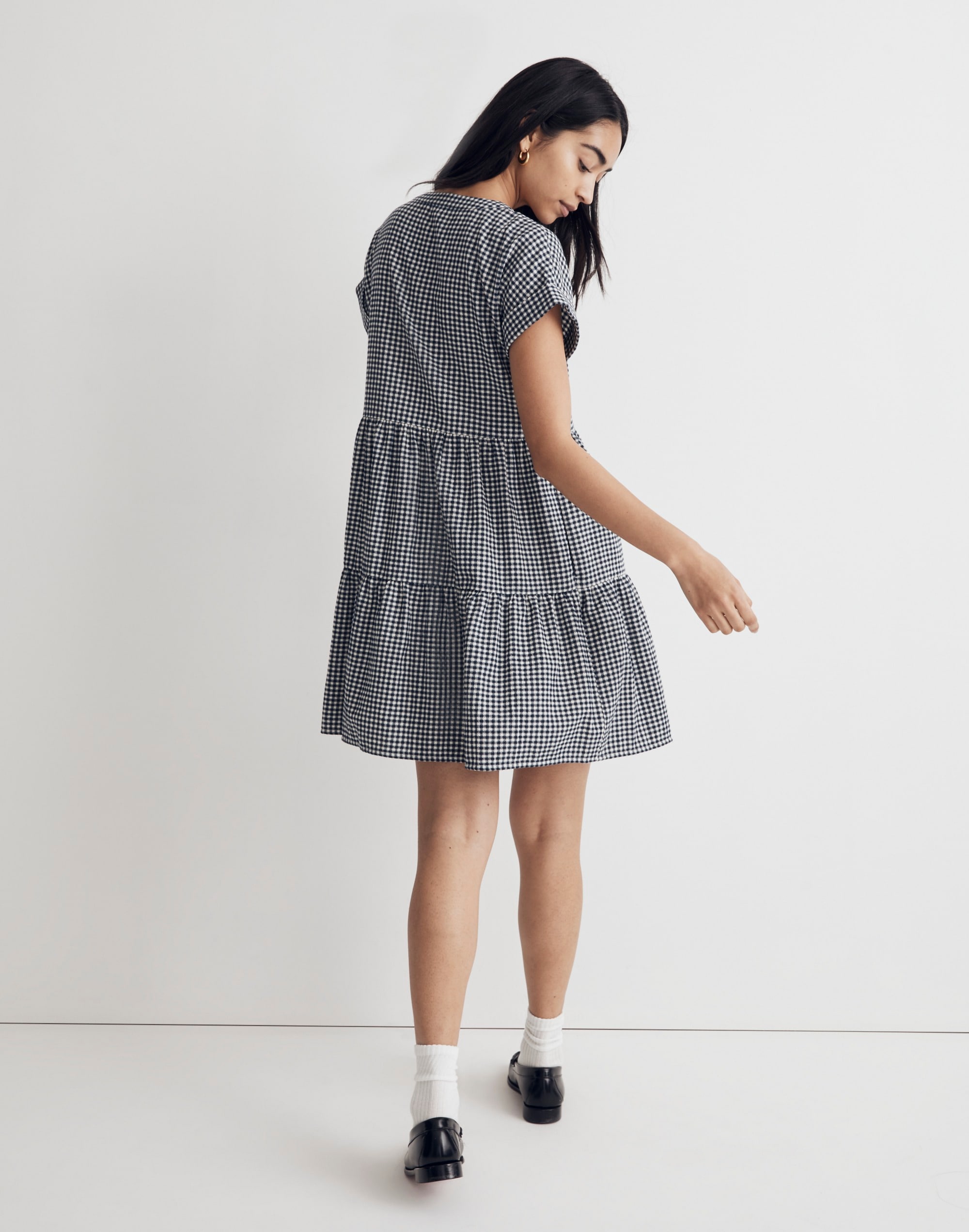 Cuff-Sleeve Button-Front Tiered Mini Dress in Gingham Check | Madewell