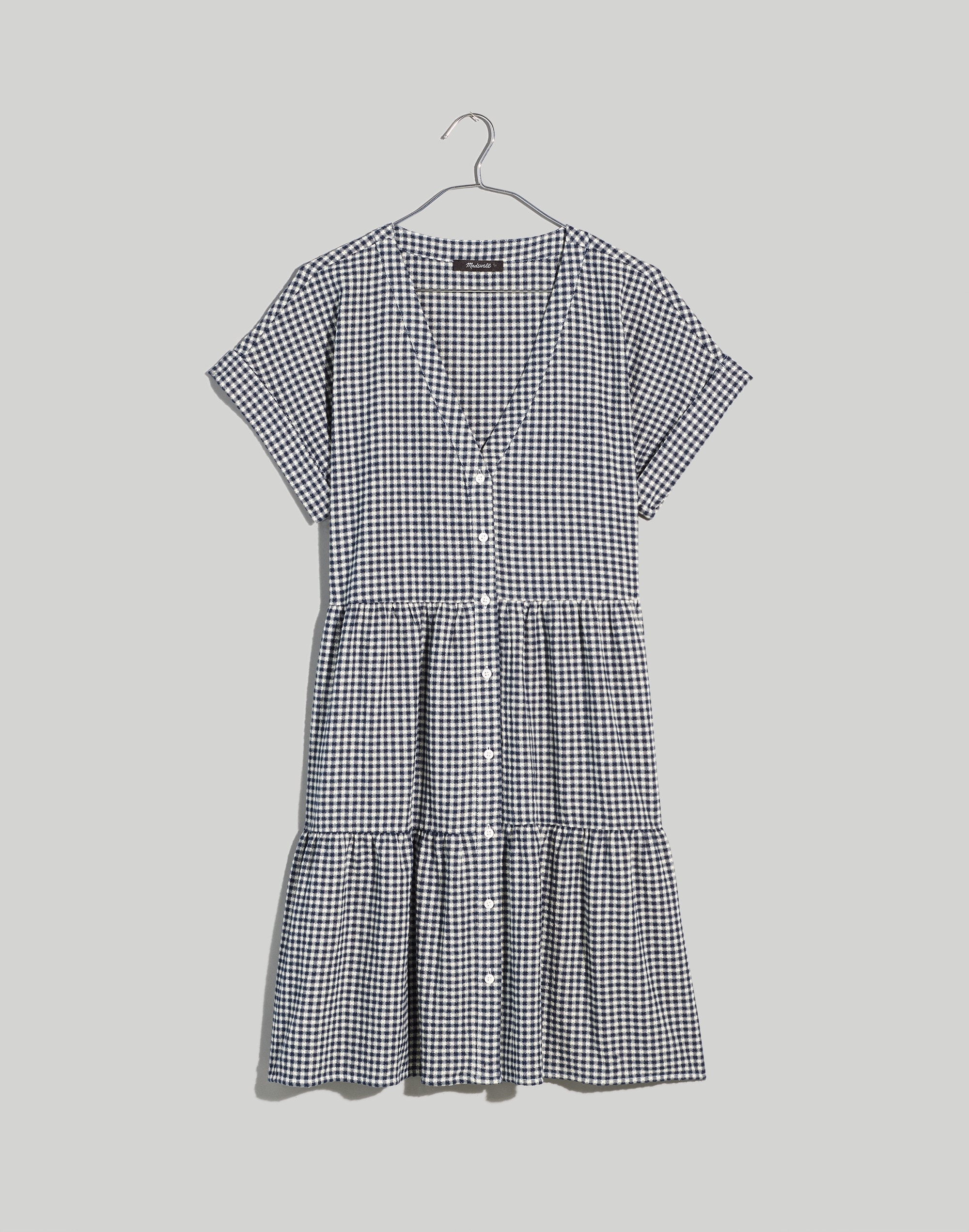 Cuff-Sleeve Button-Front Tiered Mini Dress Gingham Check | Madewell