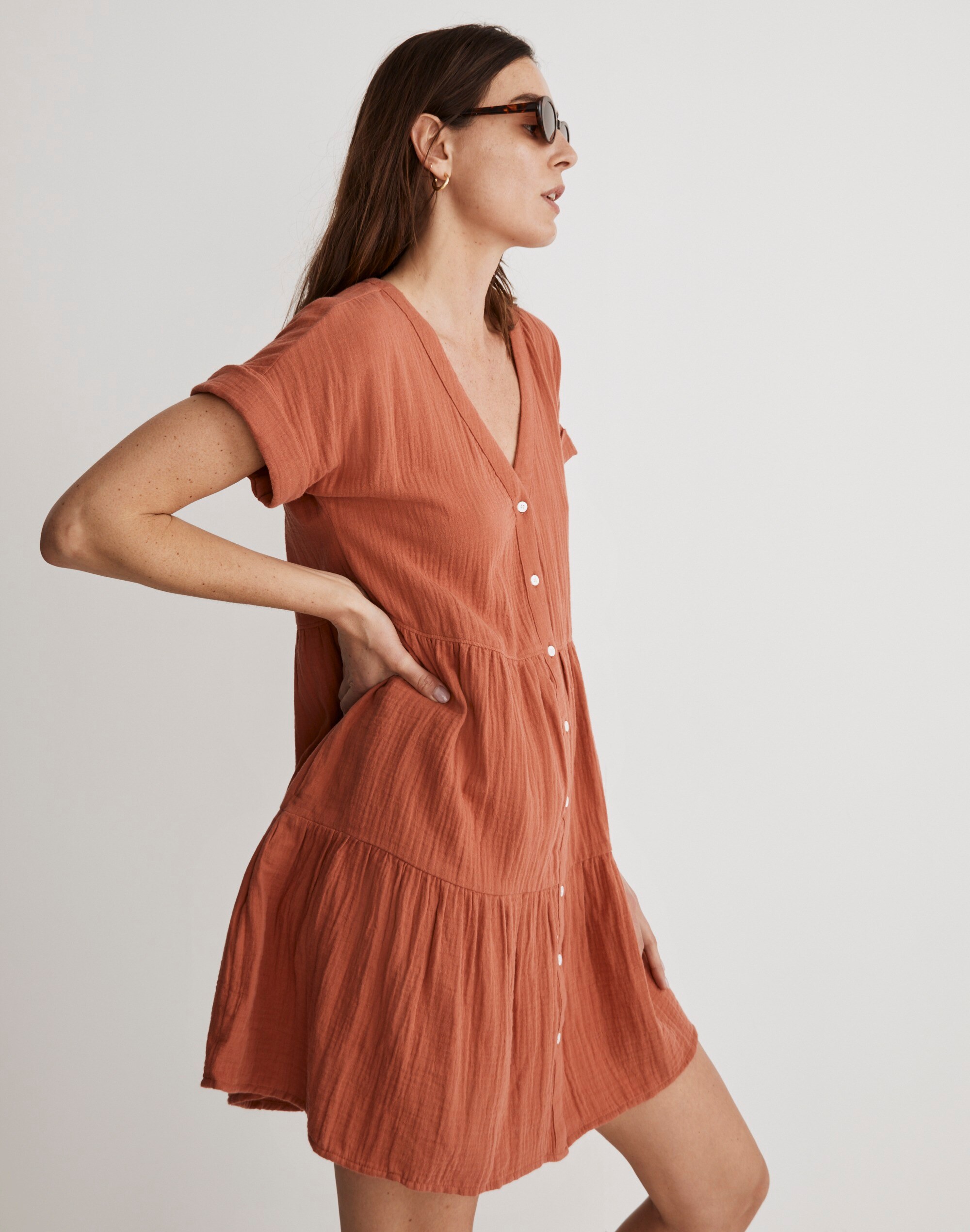 Lightspun Cuff-Sleeve Button-Front Tiered Mini Dress | Madewell