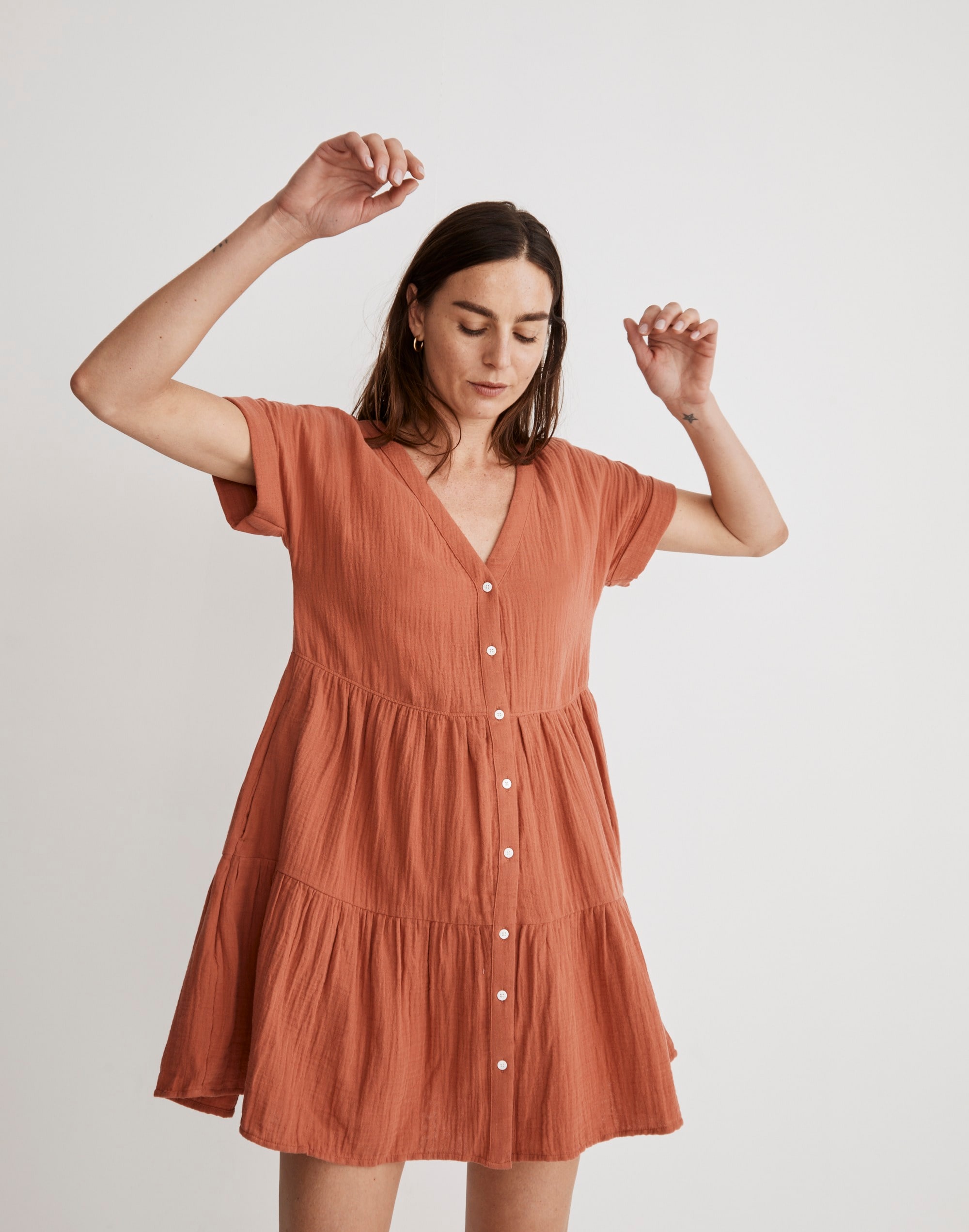 Lightspun Cuff-Sleeve Button-Front Tiered Mini Dress | Madewell