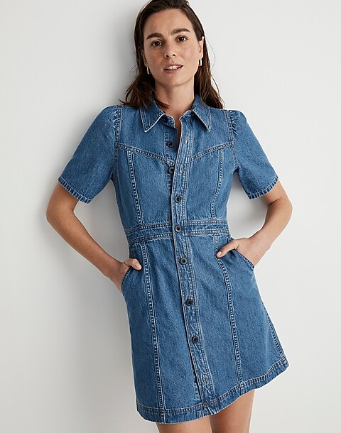 Denim Puff-Sleeve Mini Dress in Stonehaven Wash