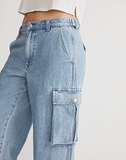 Strap Detail Cargo Jeans - Mid Blue