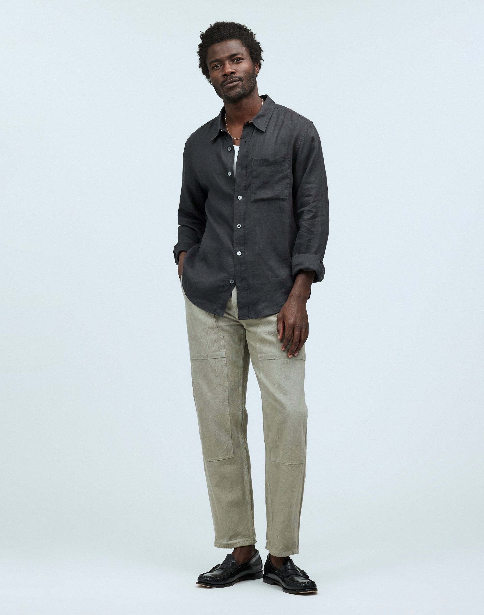 Shop Mw Linen Easy Long-sleeve Shirt In Black Coal