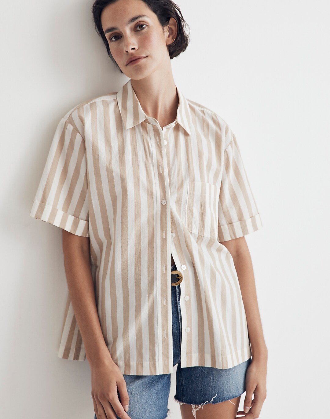 Monogram Button-Down Collar Striped Cotton-Poplin Shirt