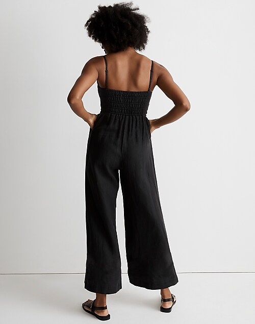 Fitted Linen Jumpsuit 3/4 / Women Midi Overalls with Pockets